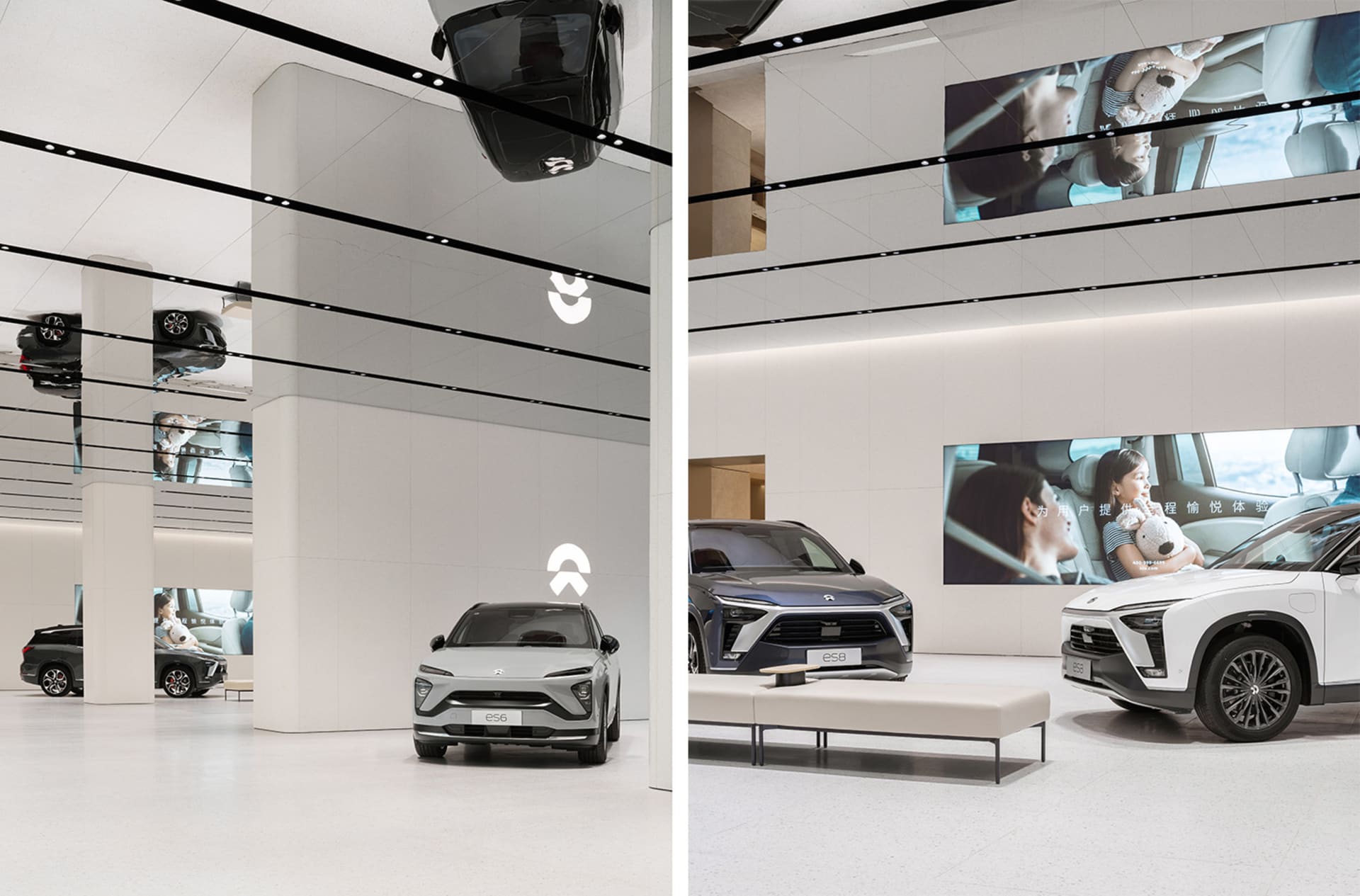 現代汽車經銷商展示廳，採用俐落簡約設計，搭配白色地板與白色點綴。