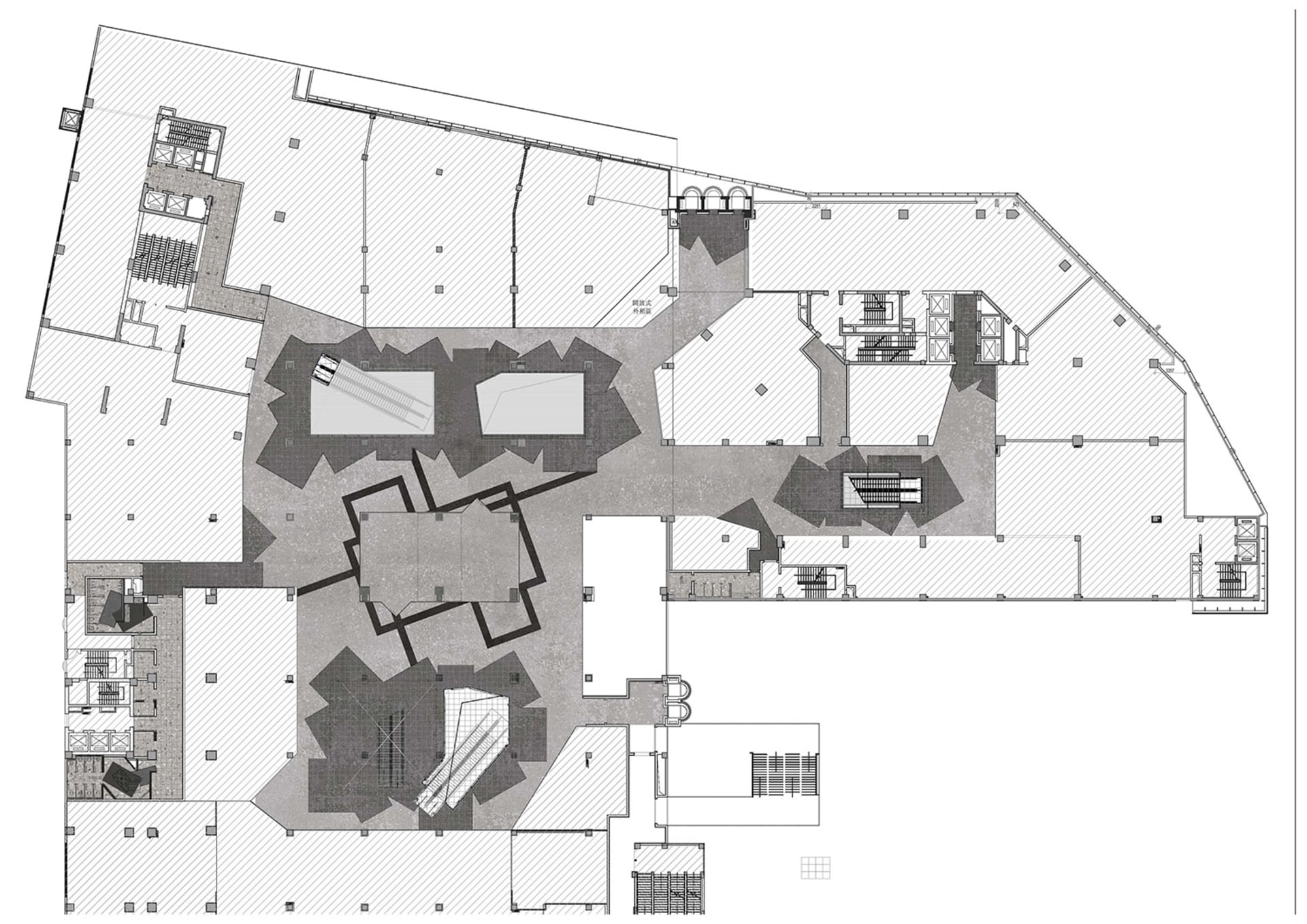 一張詳細的2D建築平面圖,描繪現代辦公室的空間配置。