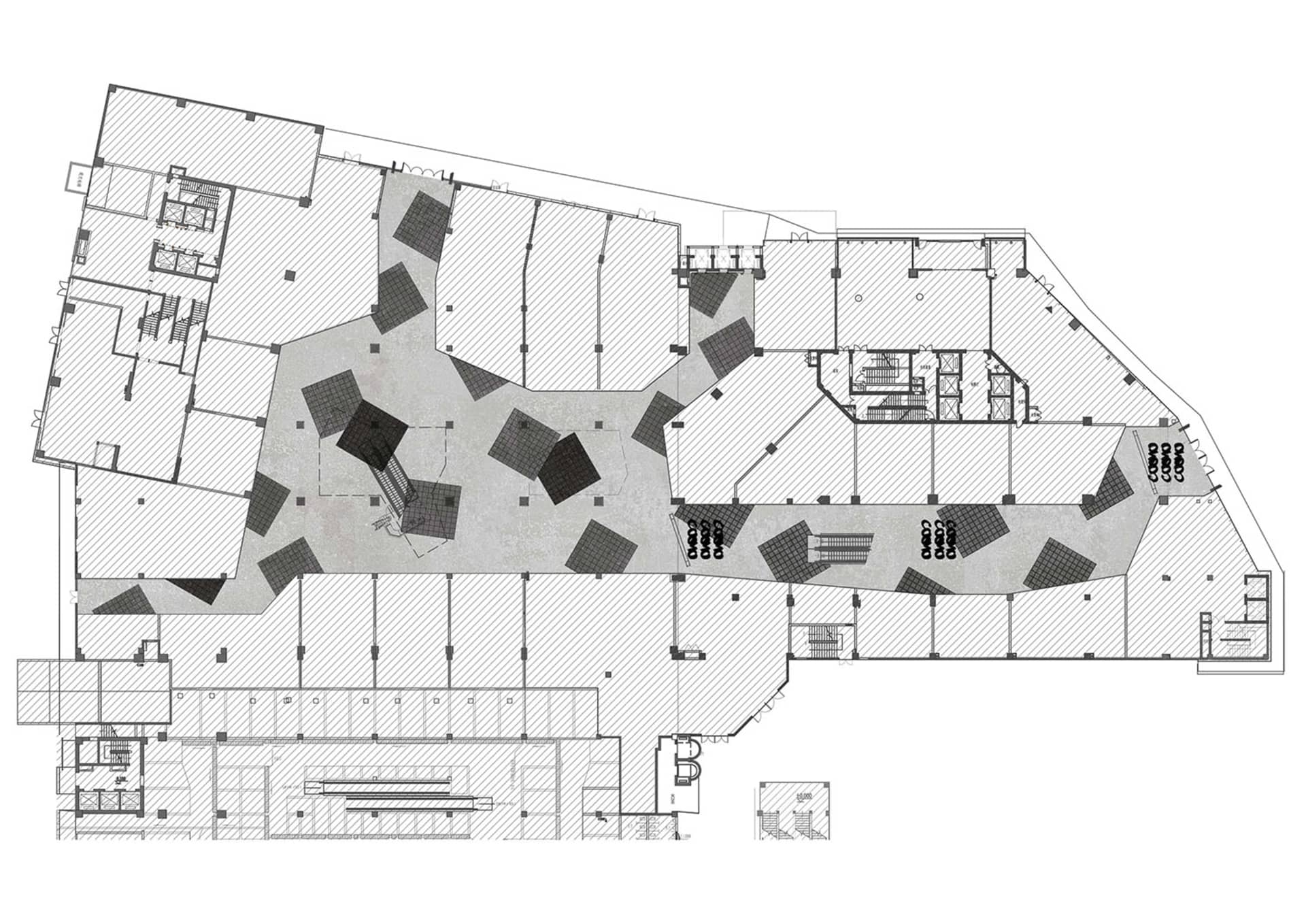 A modern office space with a concrete bluespot floor plan.
