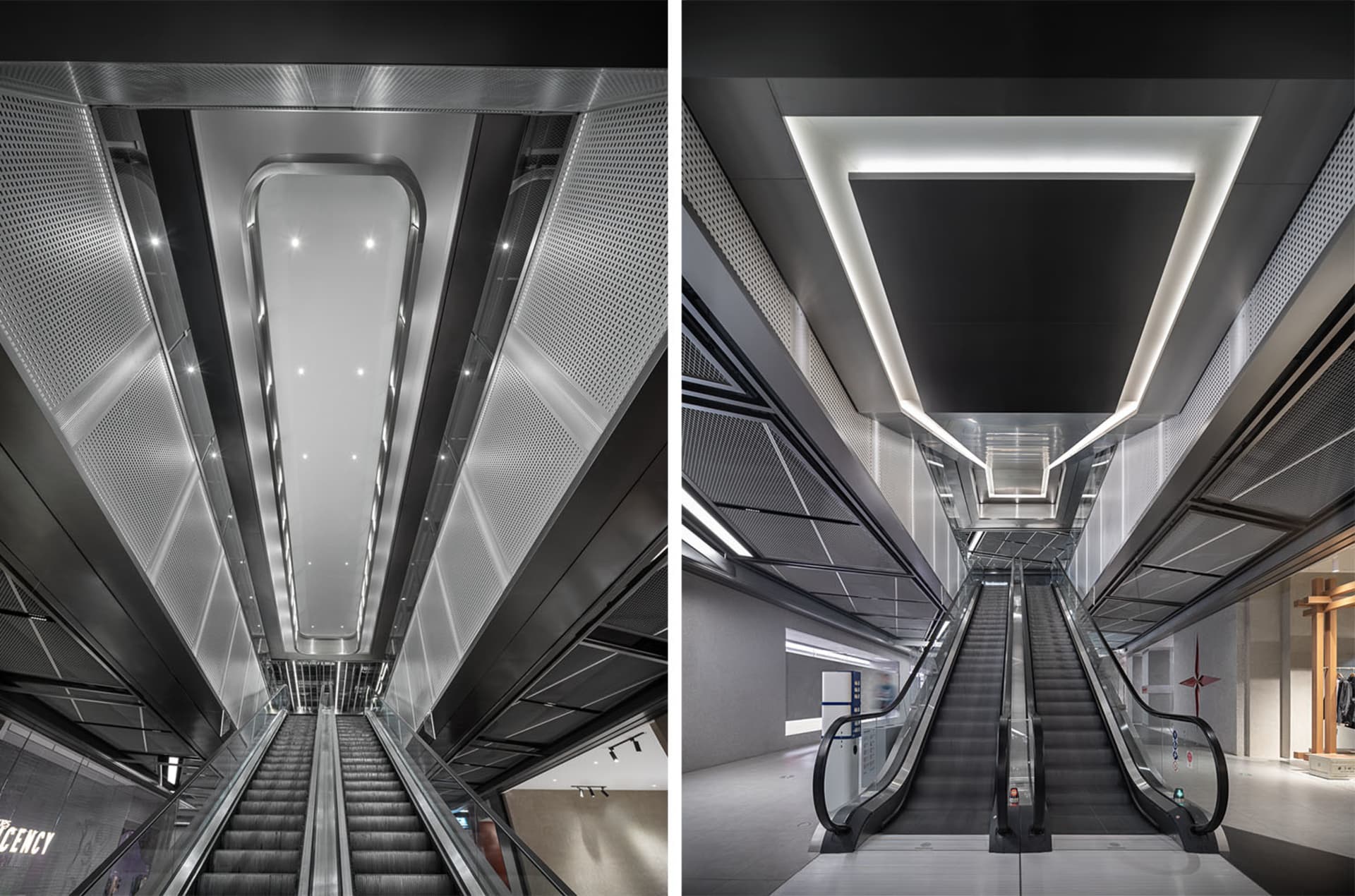 Modern interior design of a shopping mall showing metallic ceiling lighting and escalators.