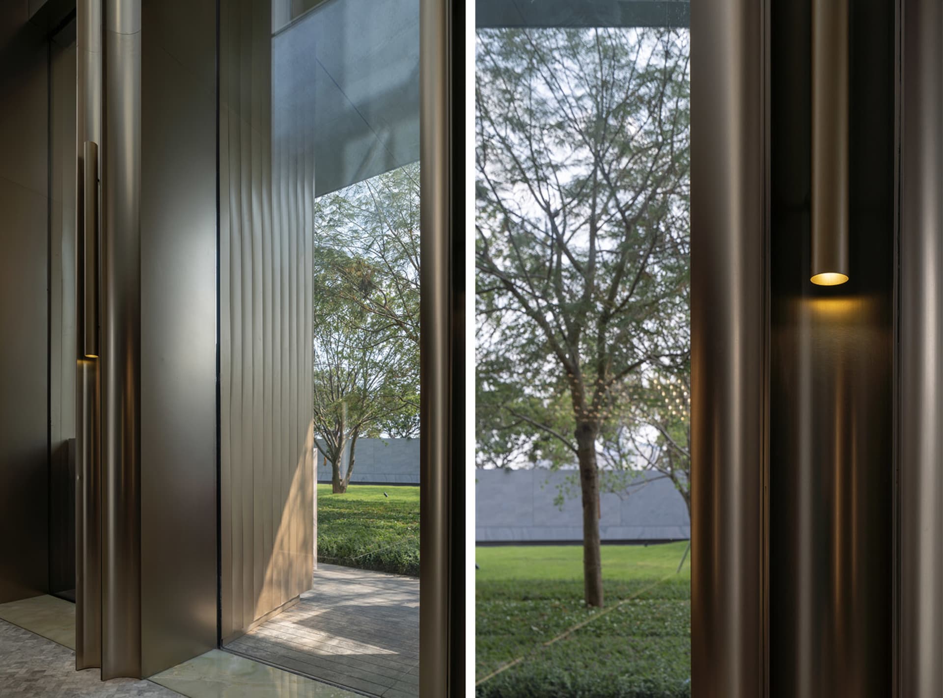 Modern design featuring metal and glass entrance doors