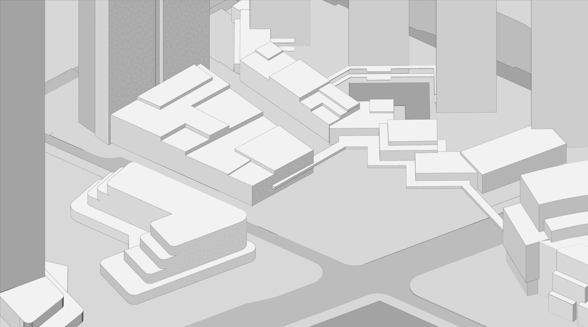 A 3D isometric view of a modern interior design featuring concrete materials.