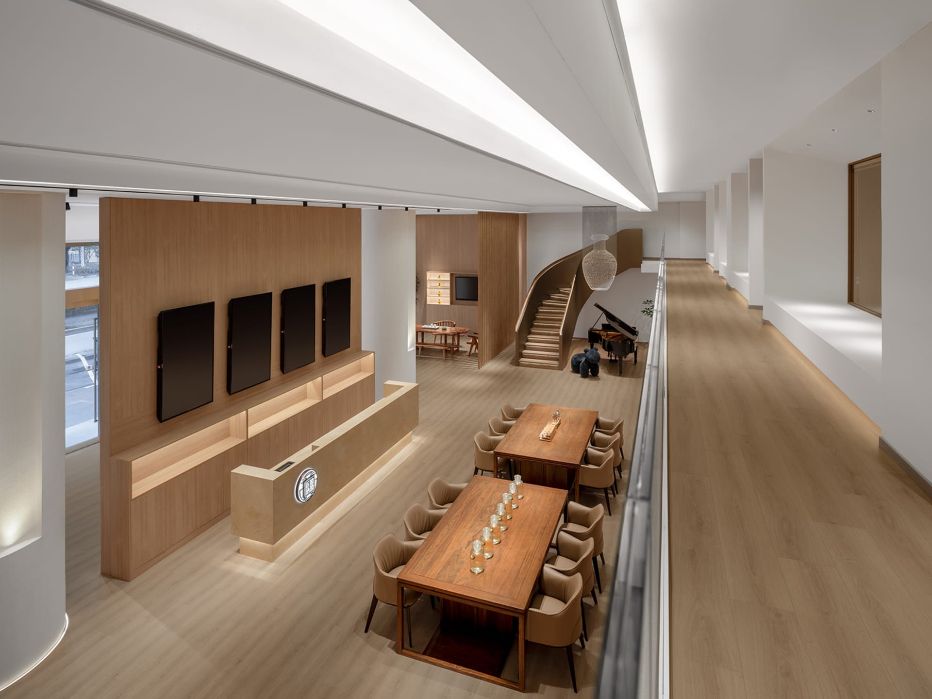 一張現代咖啡廳的室內設計圖，展示木質家具與簡約裝飾。