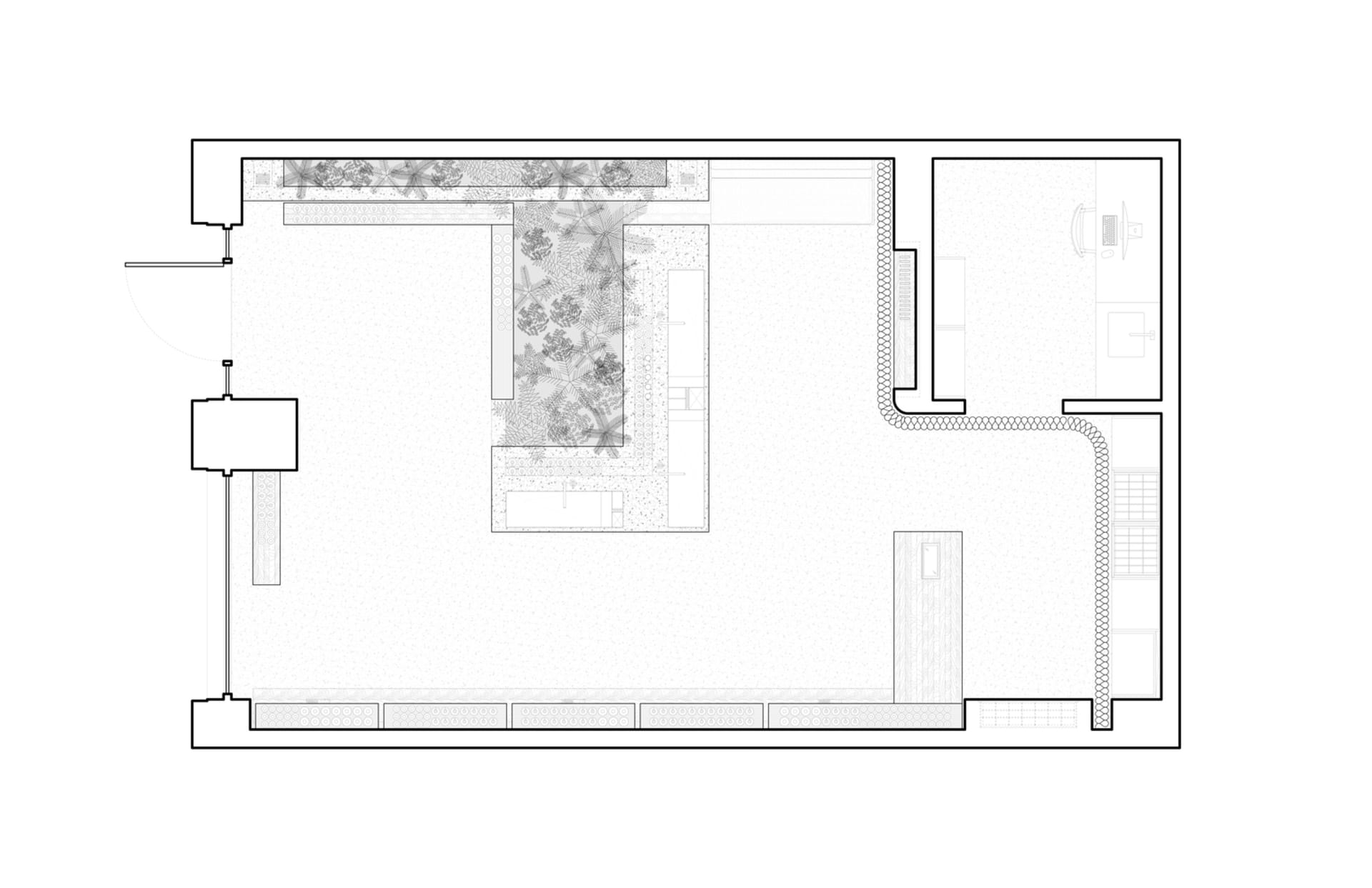 A 2D architectural drawing showing an office floor plan with neutral-colored spaces and clean lines.