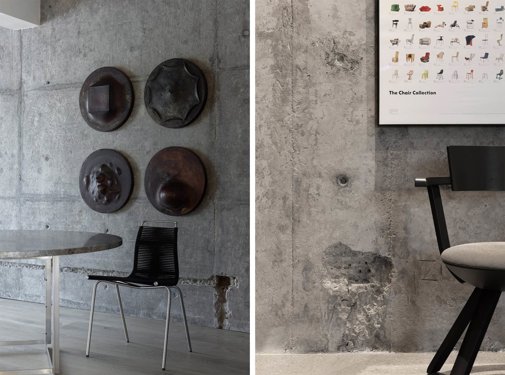 Industrial interior design featuring a raw concrete wall with textured patterns, a black chair, a modern table, and various d