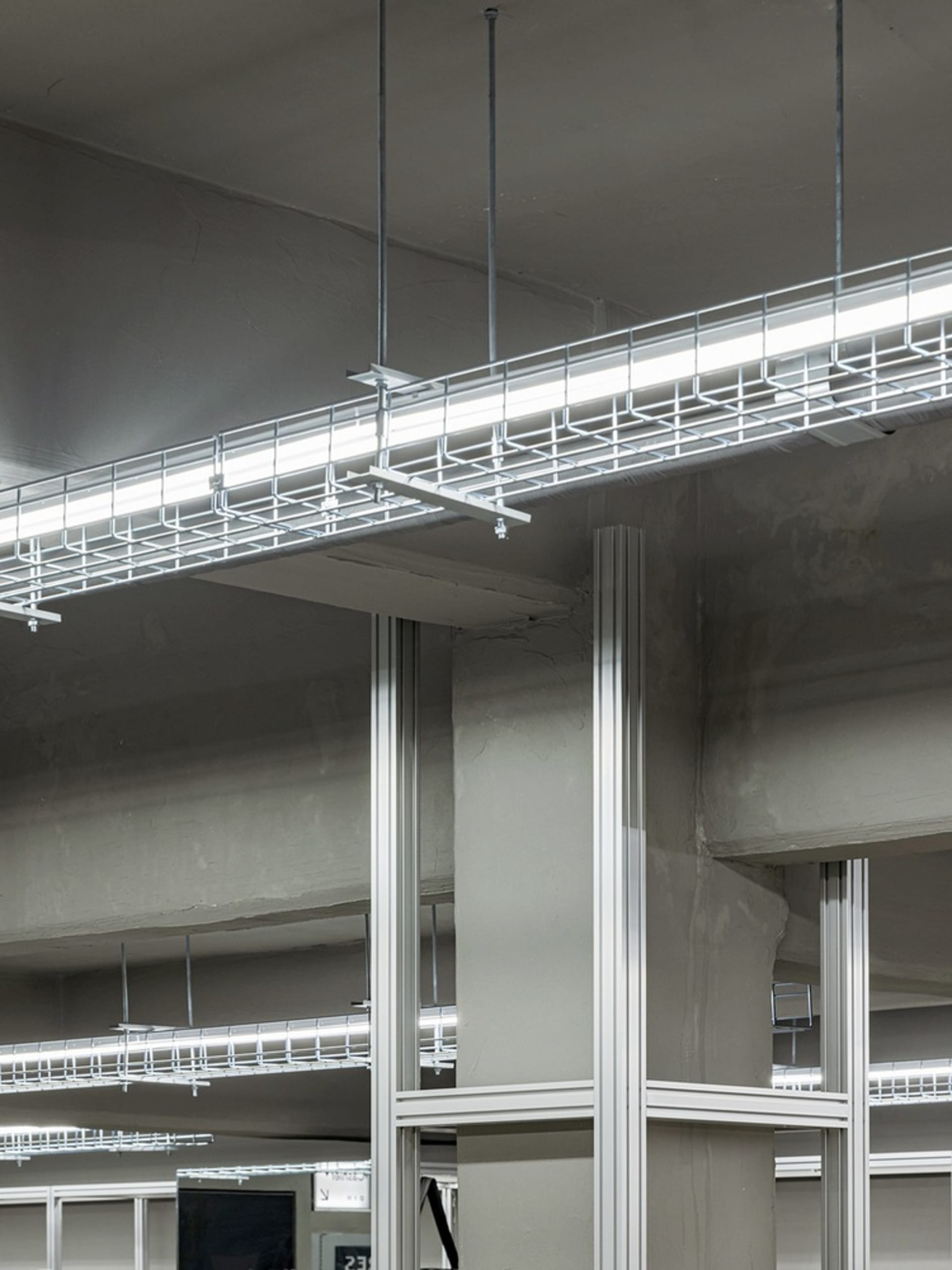 Metal grid structure in a modern industrial interior
