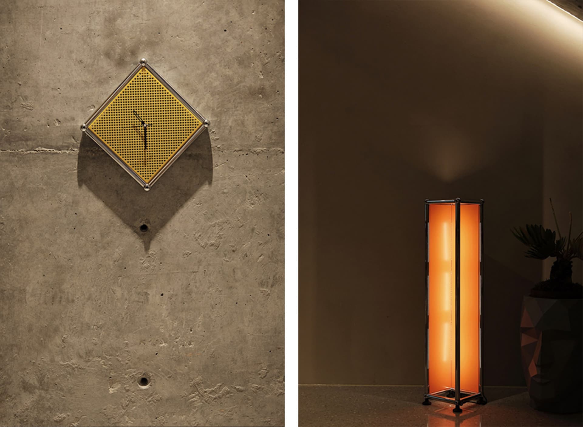 A square, modern pendant lamp with a perforated metal shade hangs from a concrete wall.