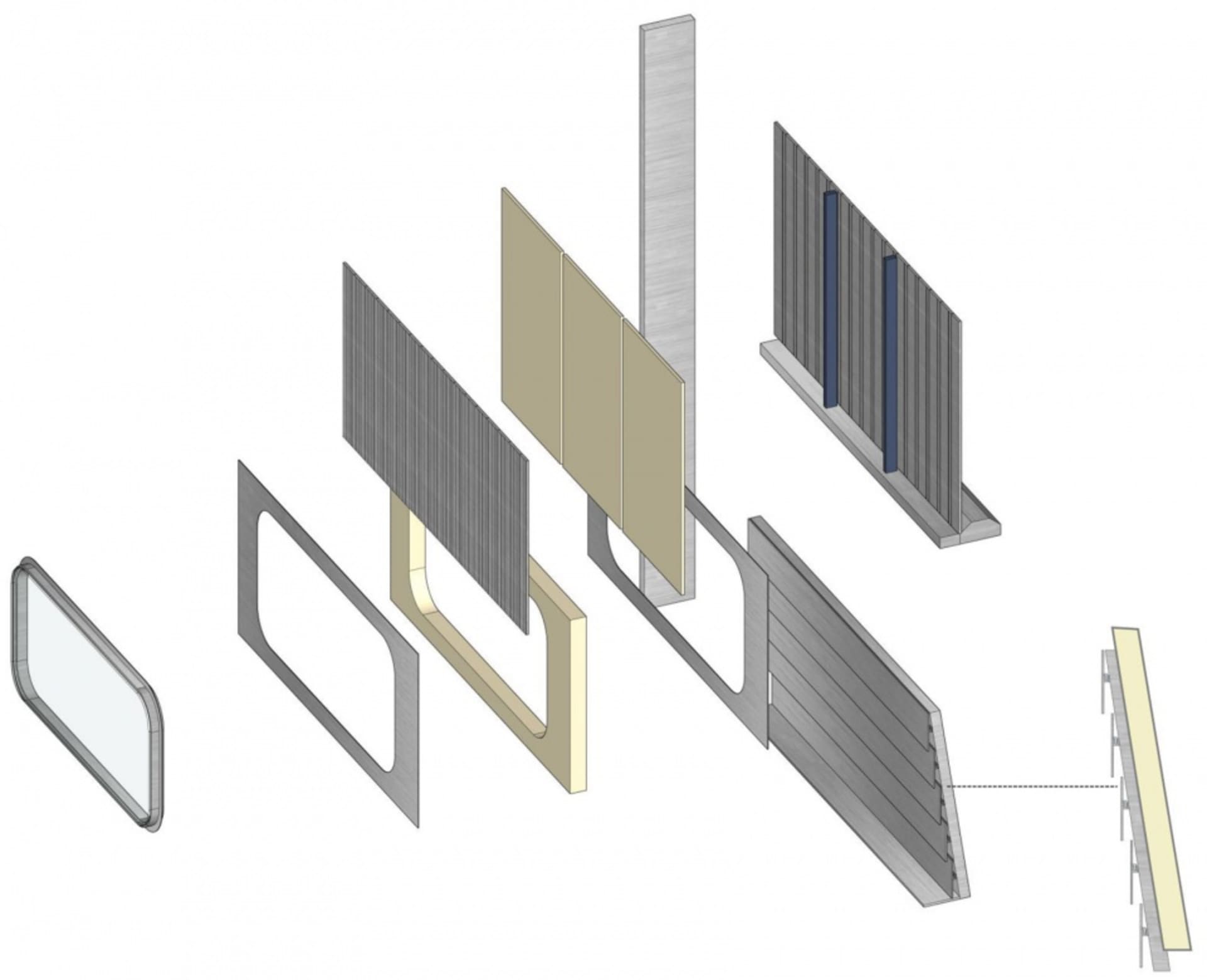 An isometric view of a modern interior design featuring a metal structure and materials.