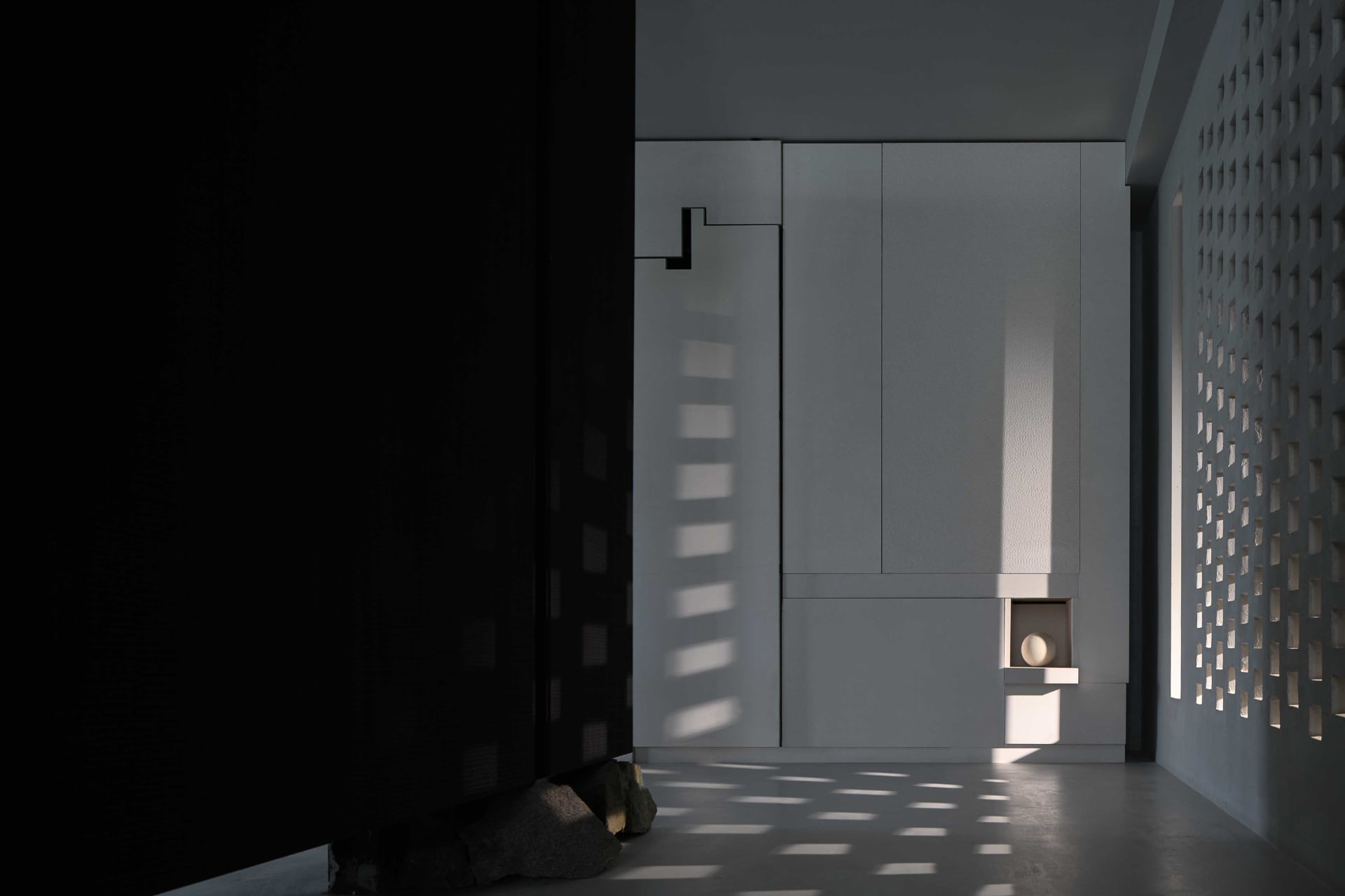 An industrial-style interior with concrete walls and geometric design elements.