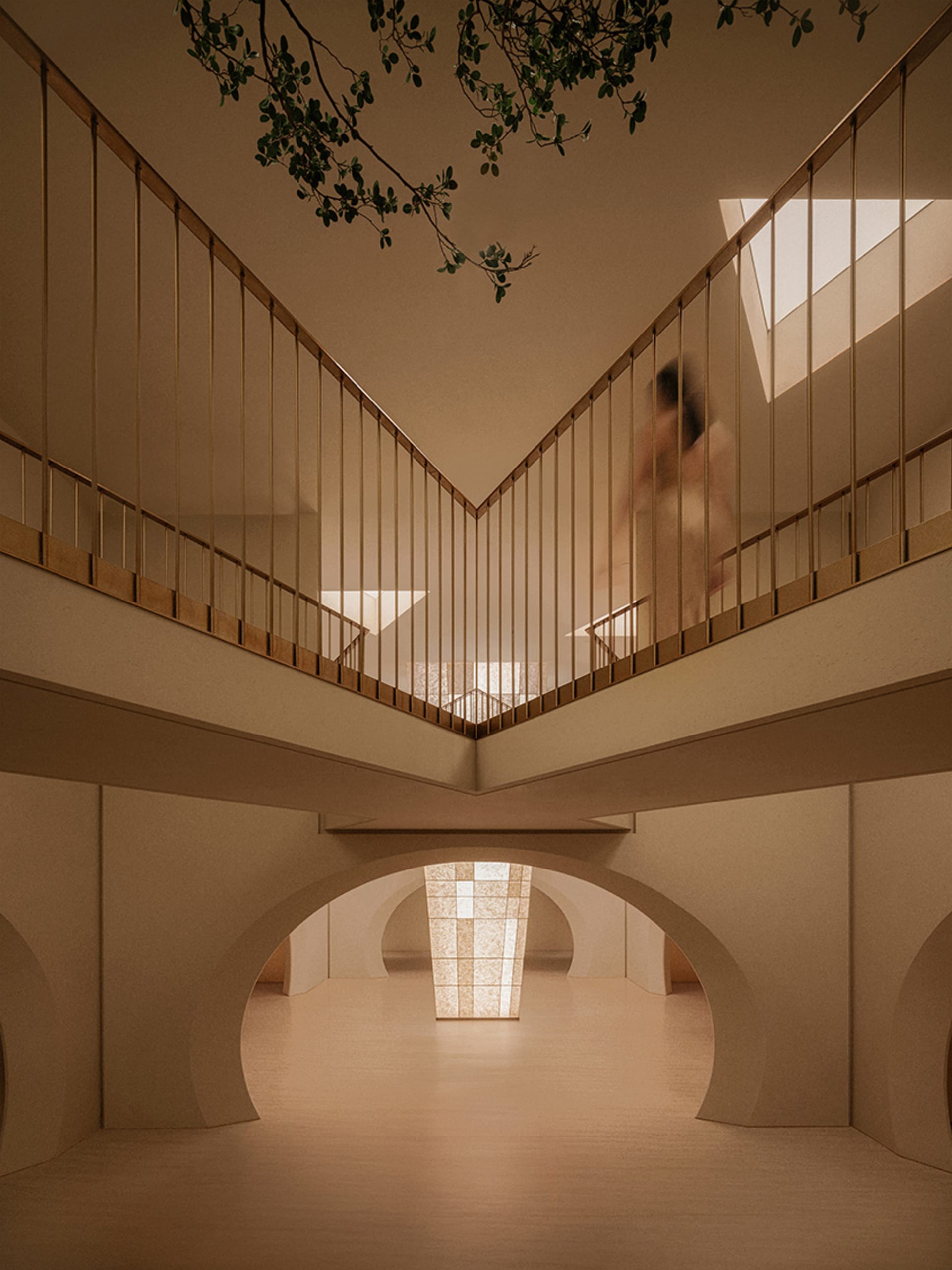 A modern interior space featuring glazed brick flooring.