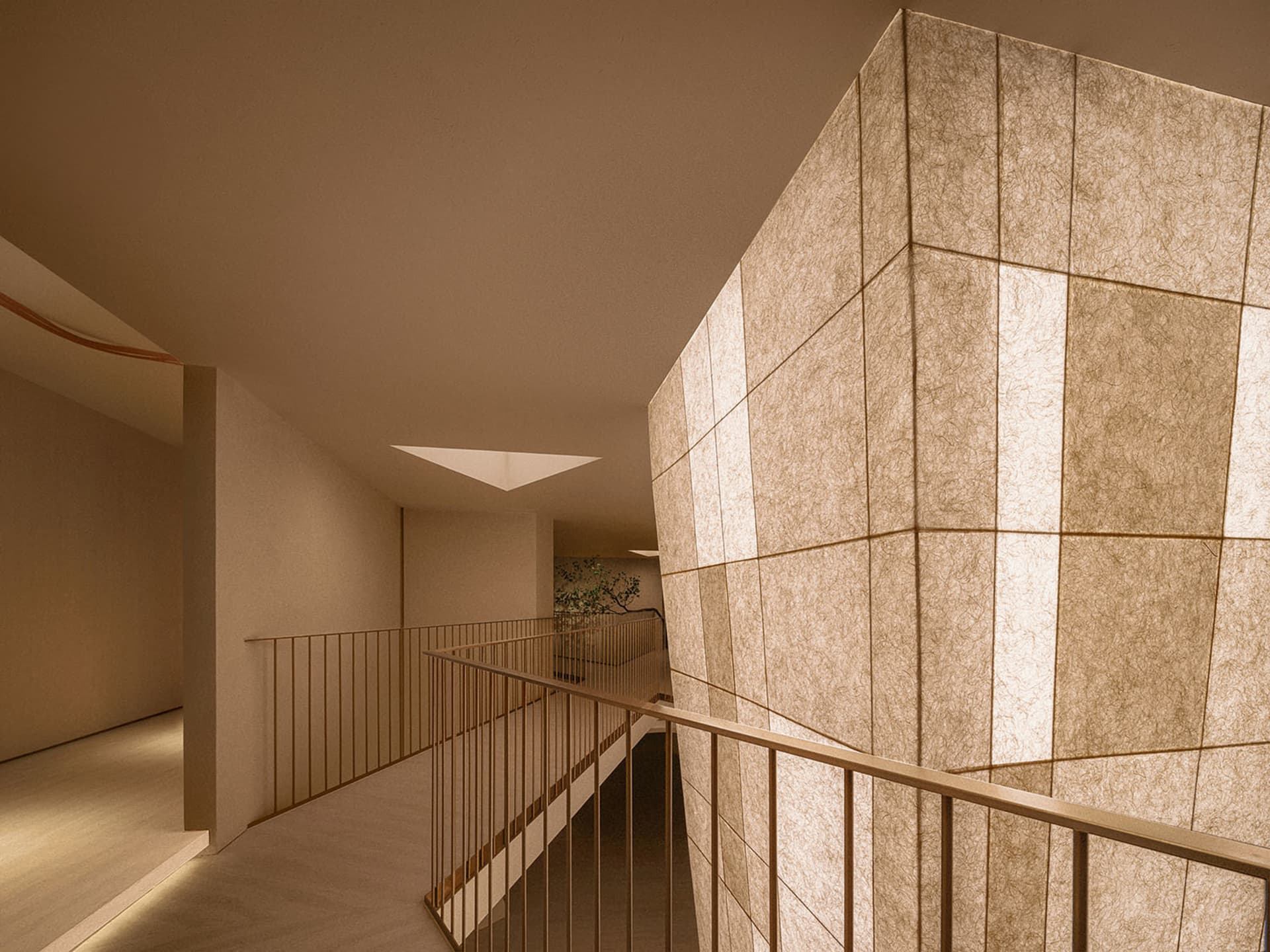 A modern interior space featuring textured paper walls, capturing contemporary design elements