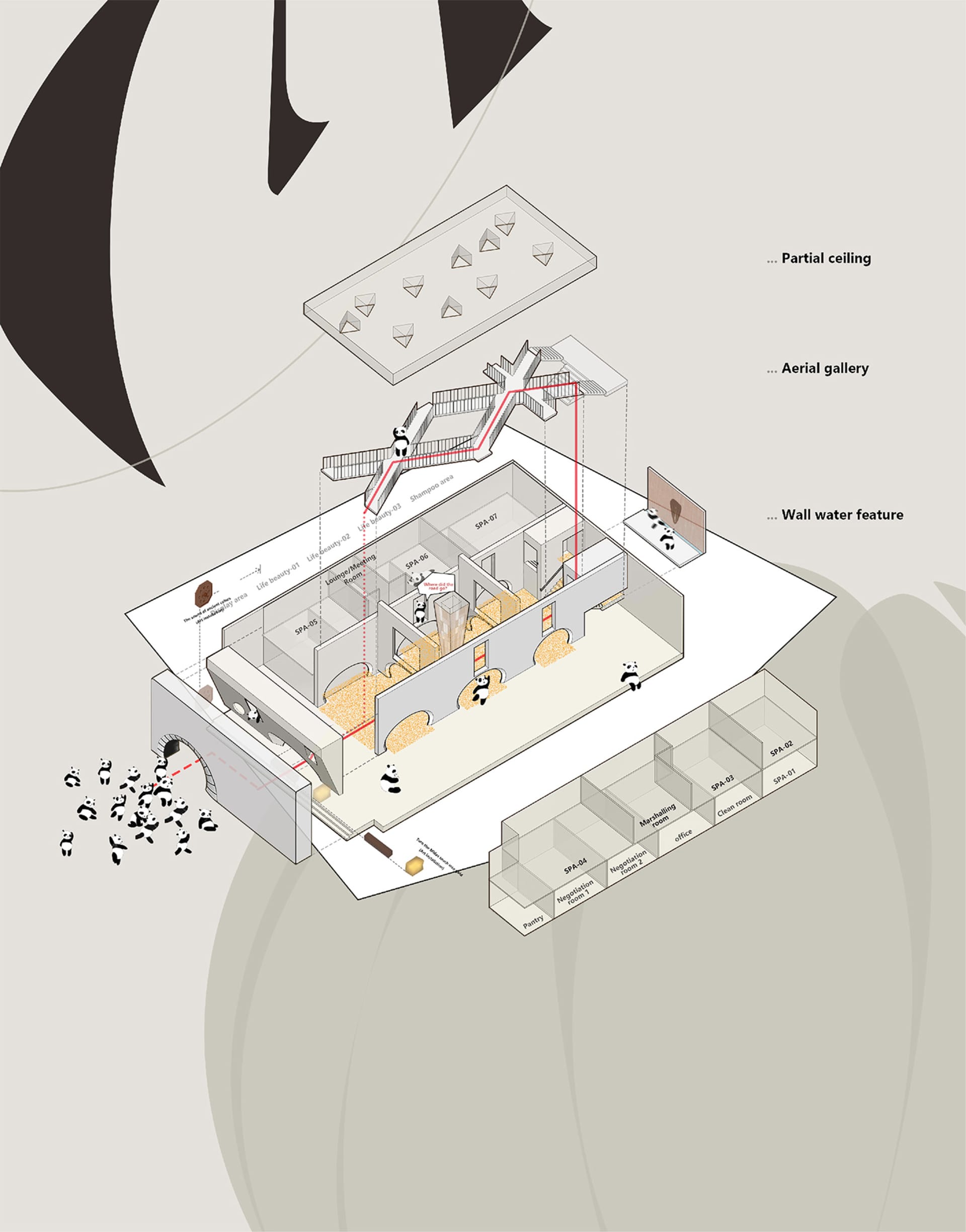 現代辦公空間室內設計圖，展示開放式工作站、會議室，以及帶有牆面的休息區