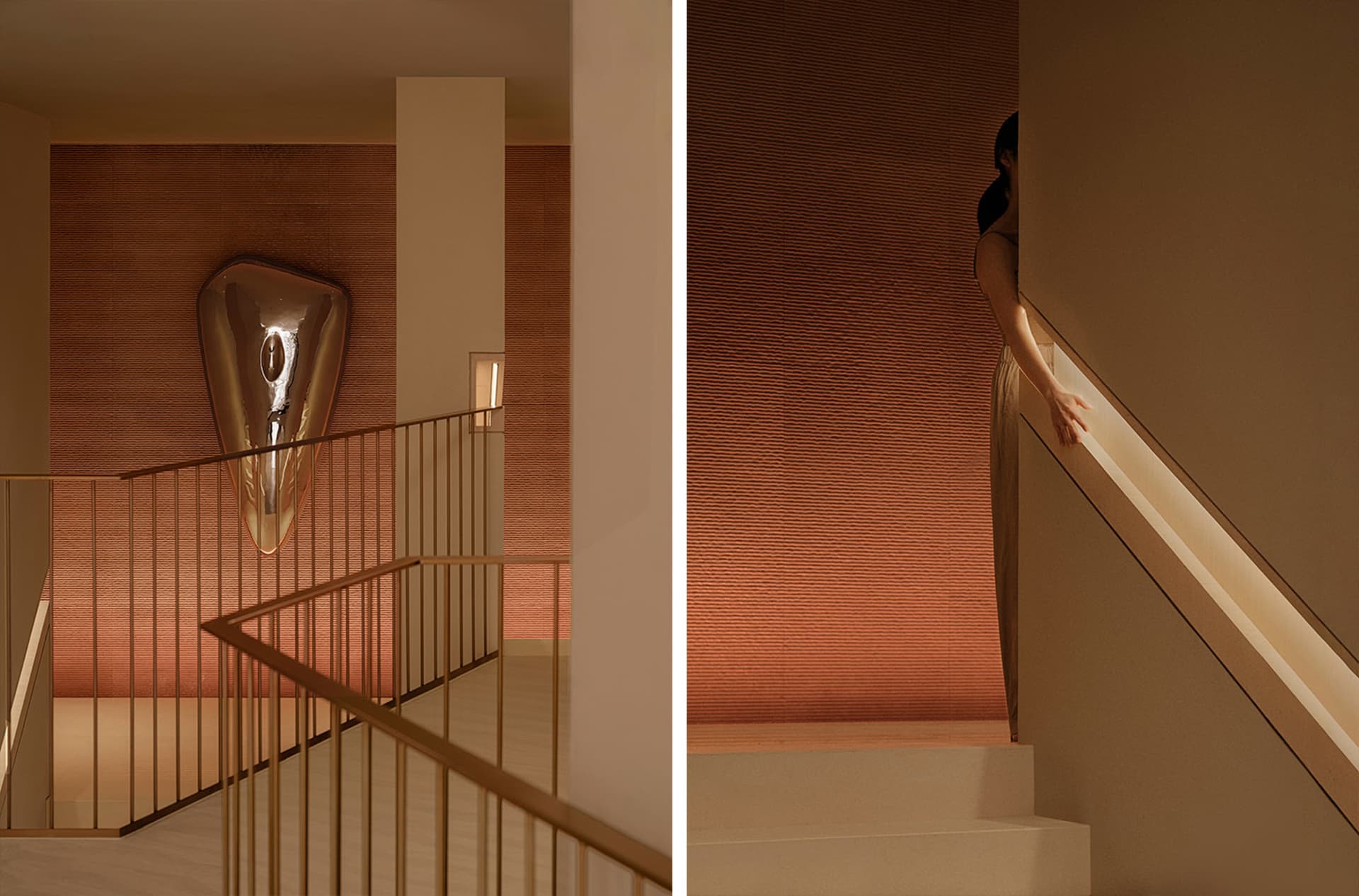 Modern staircase featuring metallic artwork against textured wall