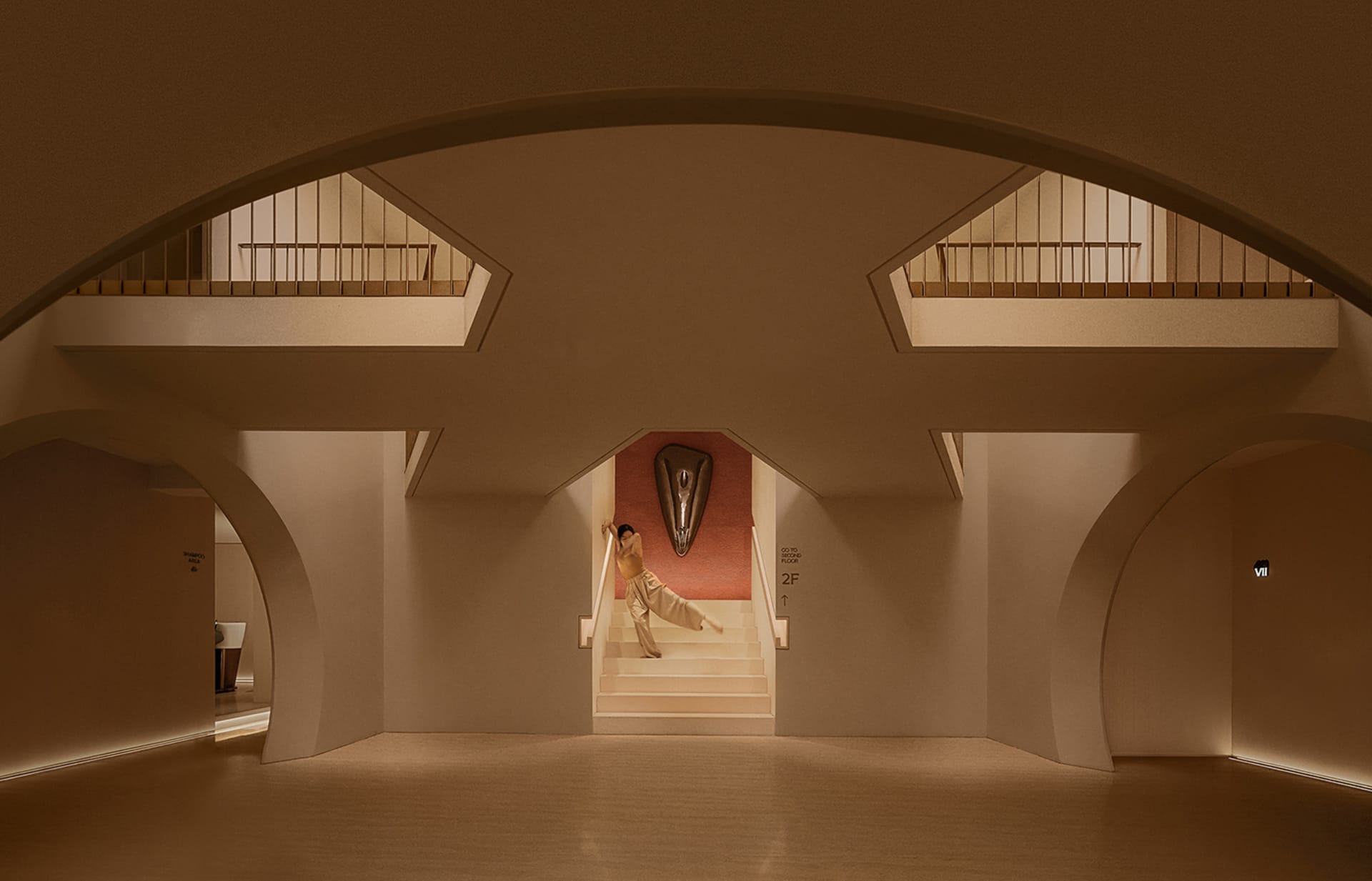 A modern interior design lobby featuring contemporary architectural elements and minimalist aesthetic