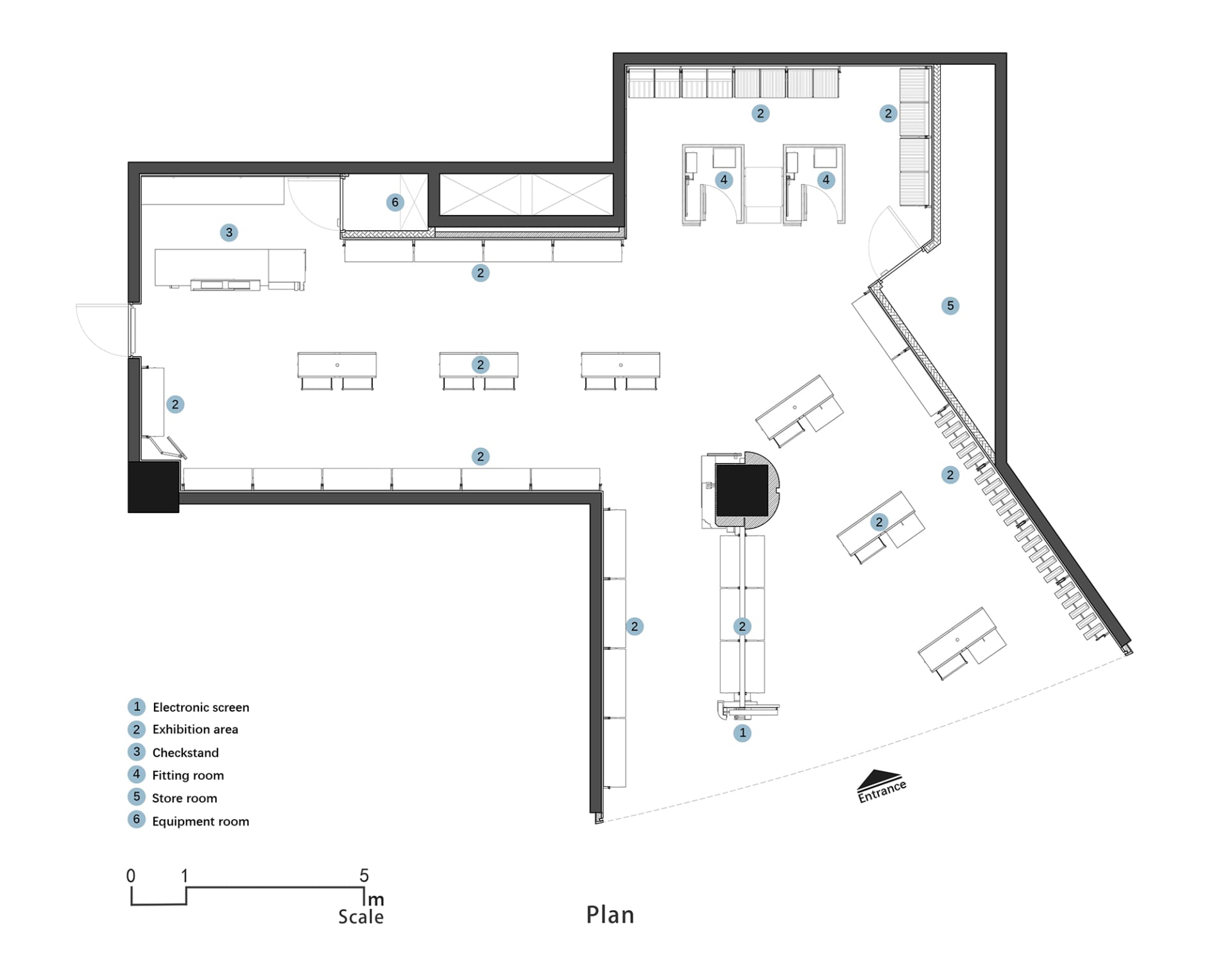 2D architectural drawing of a retail space with exhibition areas, checkstands, fitting rooms, storage areas, and equipment ro