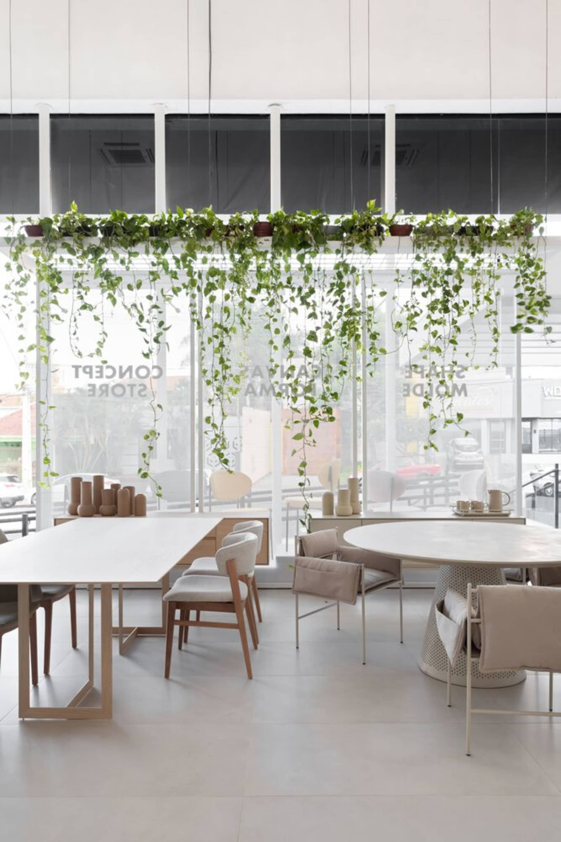 Modern cafe interior with white tables and chairs, wood composite flooring, and green hanging plants.