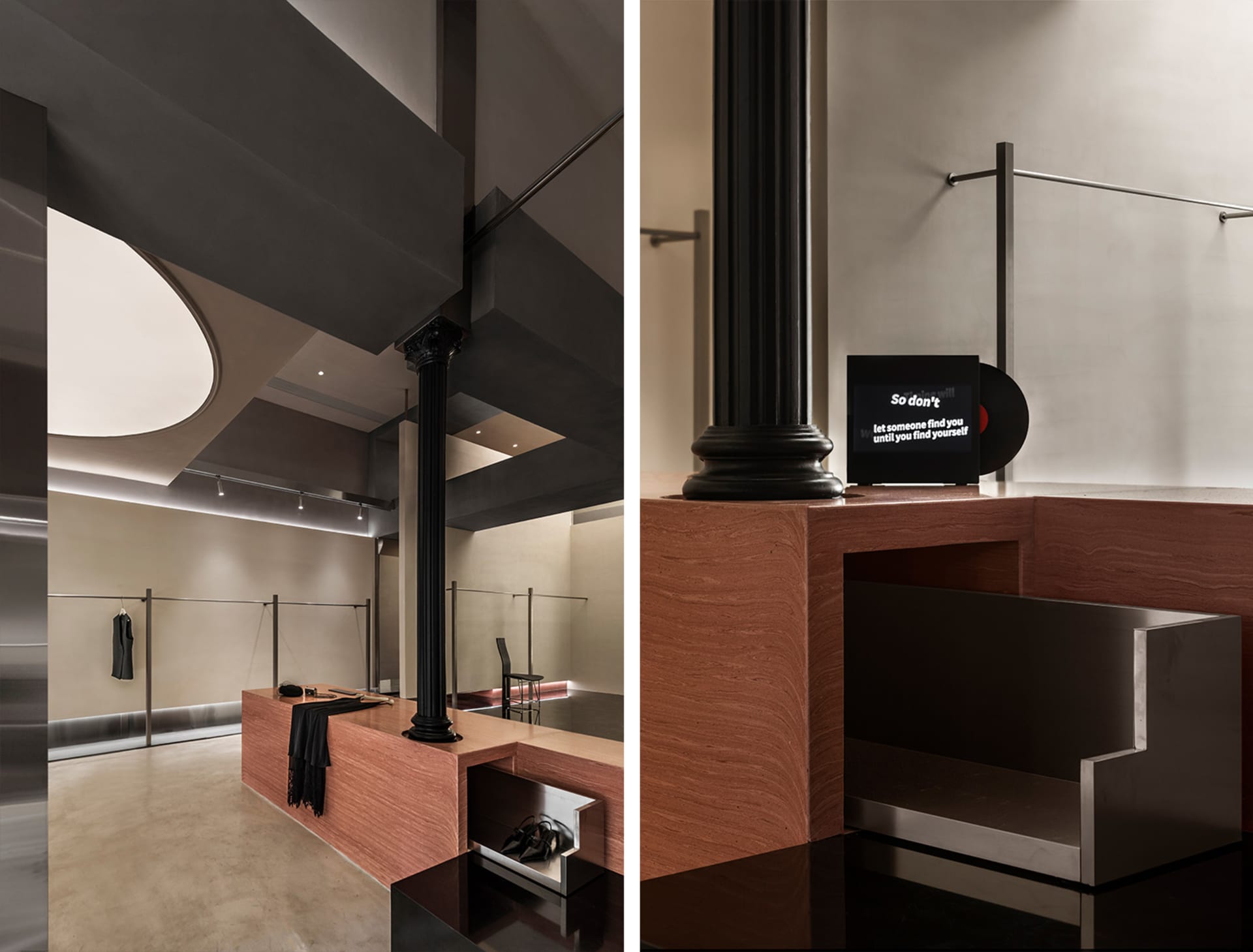 Modern retail storefront featuring a concrete, wood, and metal structure.