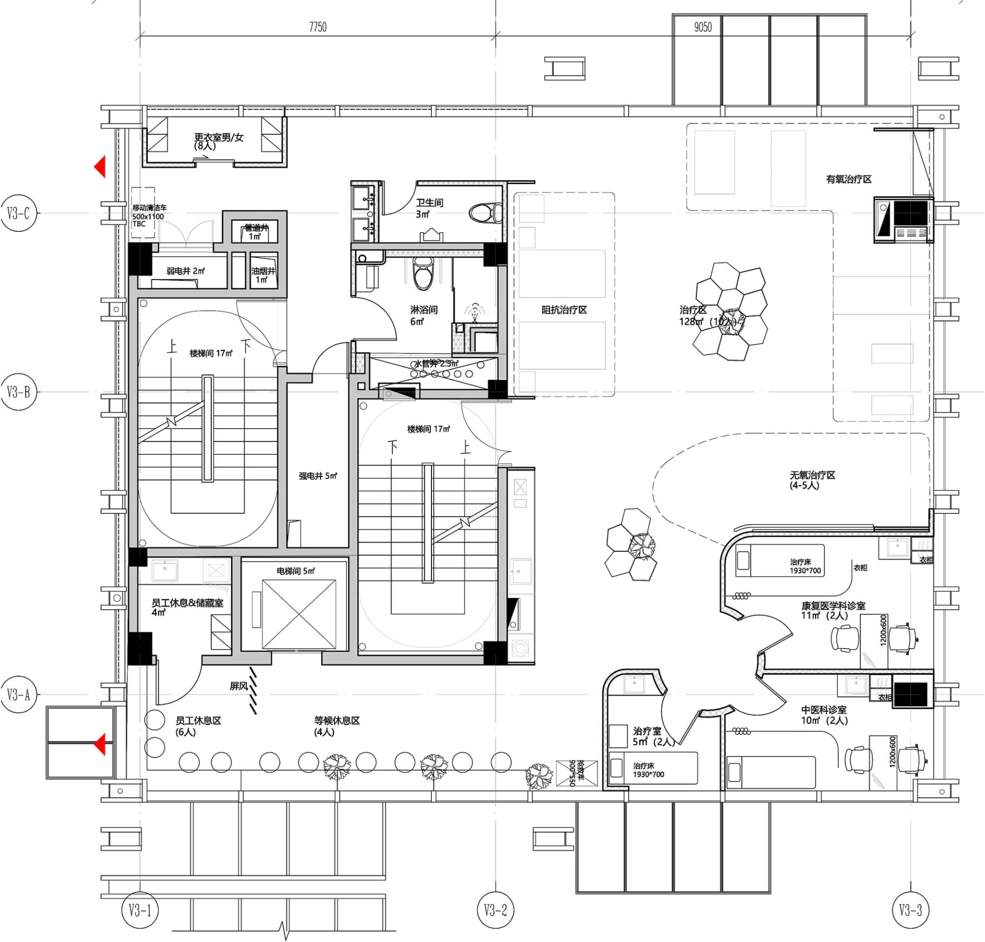 工業建築室內採用混凝土、金屬與玻璃材質,以平面配置圖呈現。