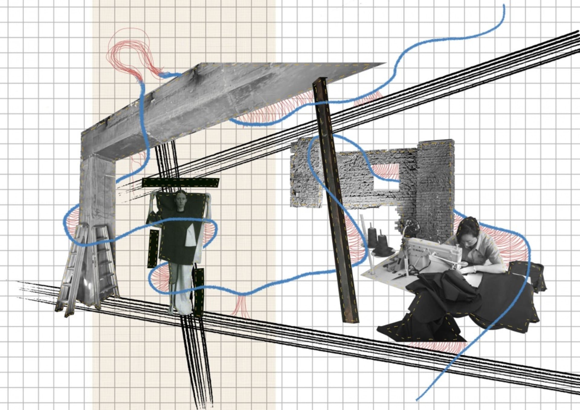 A concrete construction framework with red and blue wires crossing the structure.