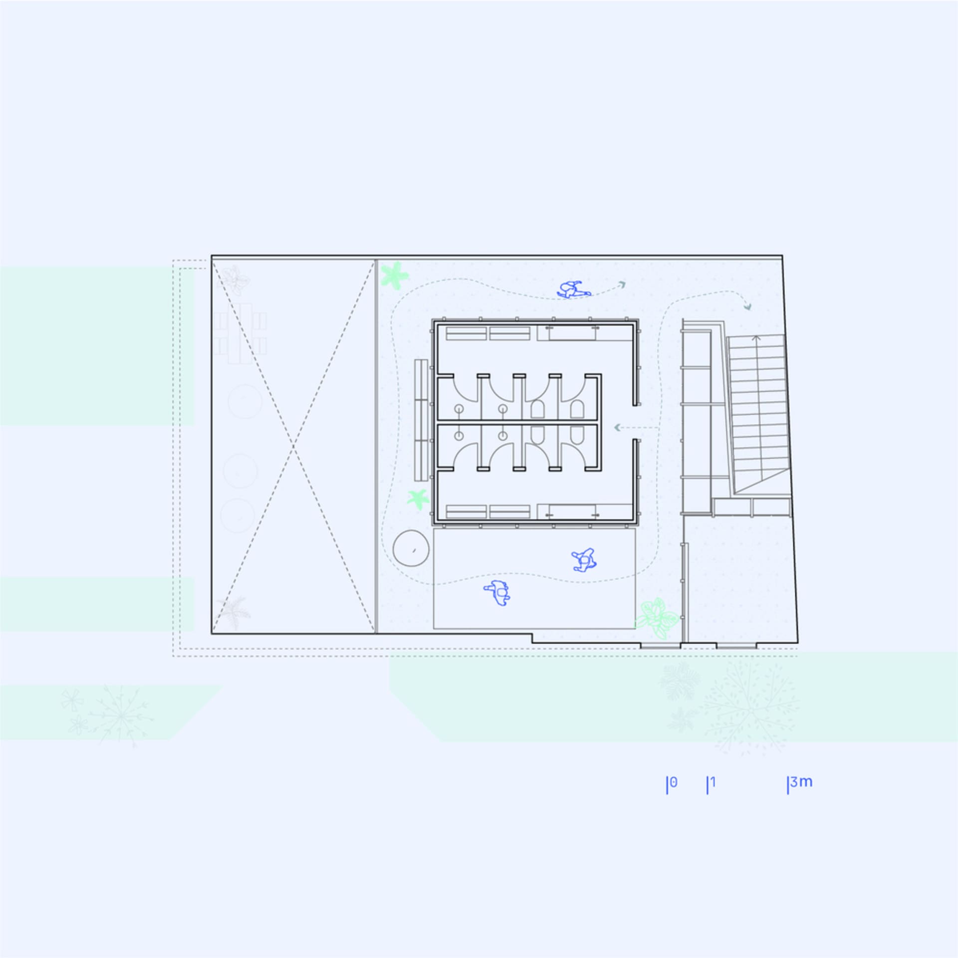 A technical drawing of a modern architectural floor plan with mixed materials.