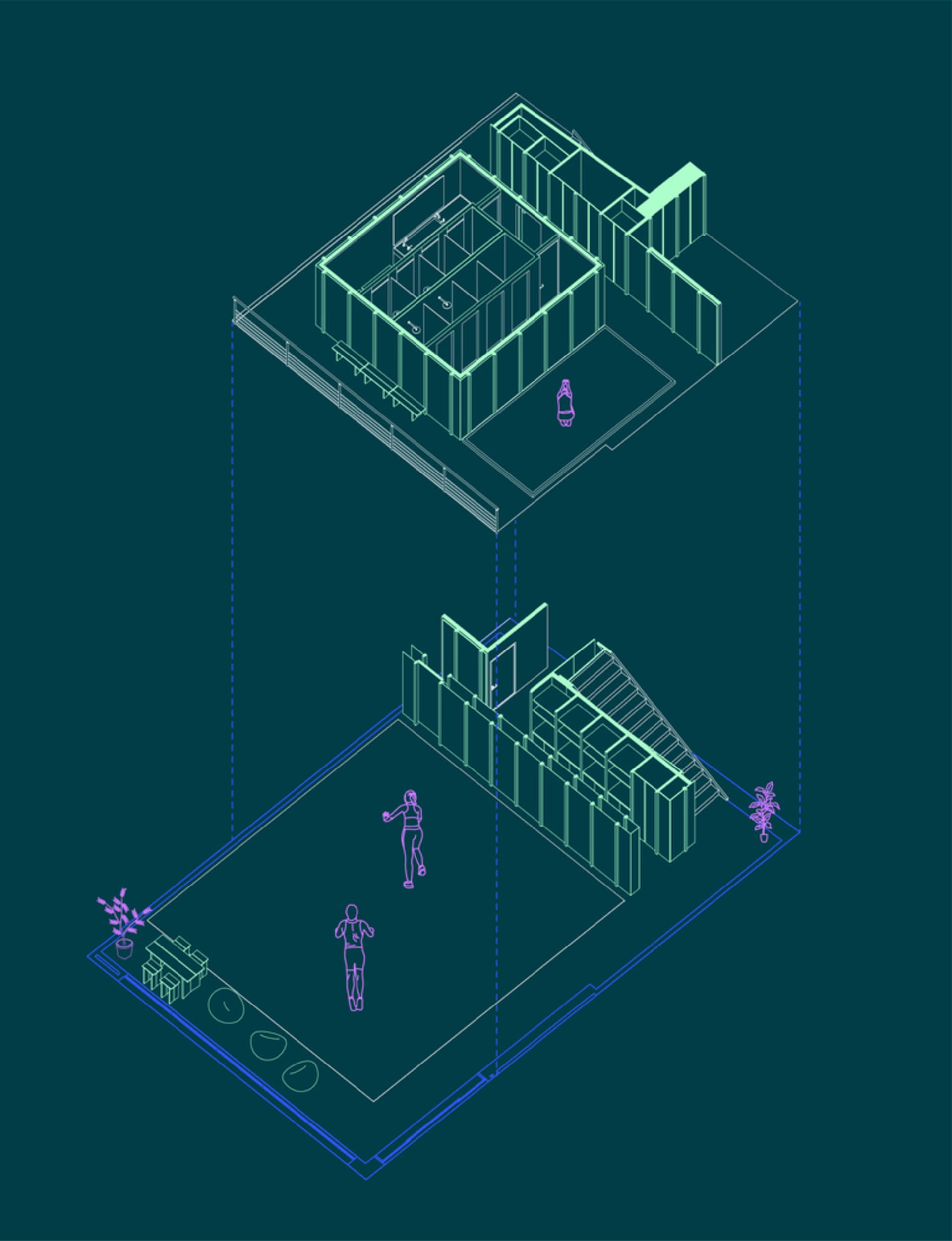 當代室內空間的等角建築繪圖,具備簡約設計特色。