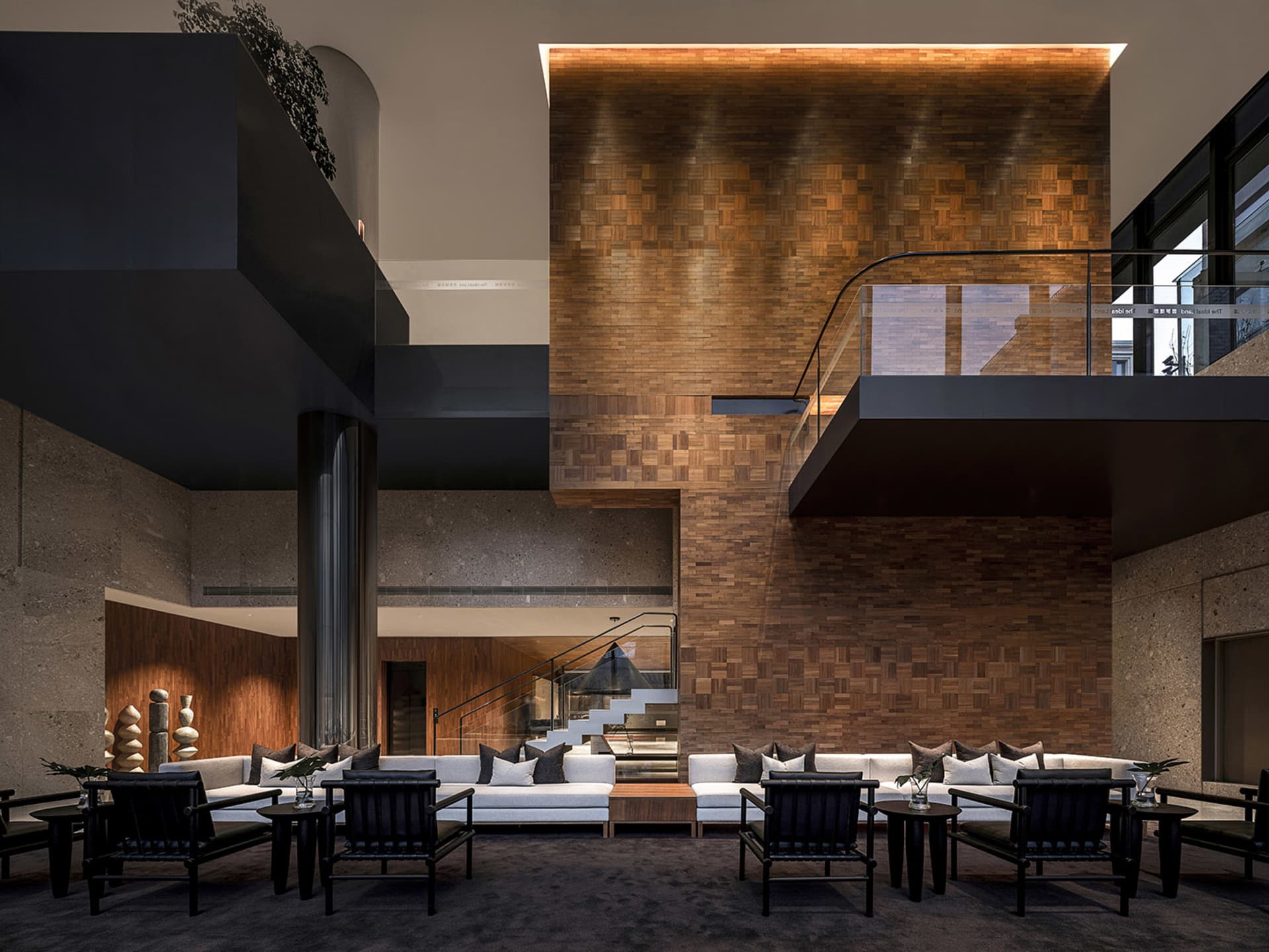 Modern lobby interior featuring wooden materials and contemporary design elements