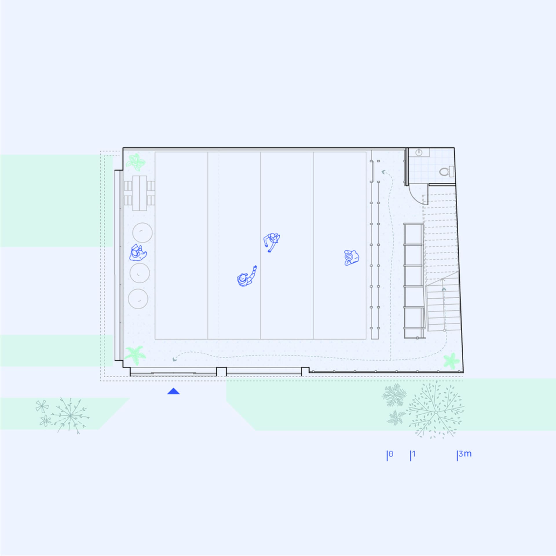 Floor plan of an office space, showing desks, chairs, and a staircase.