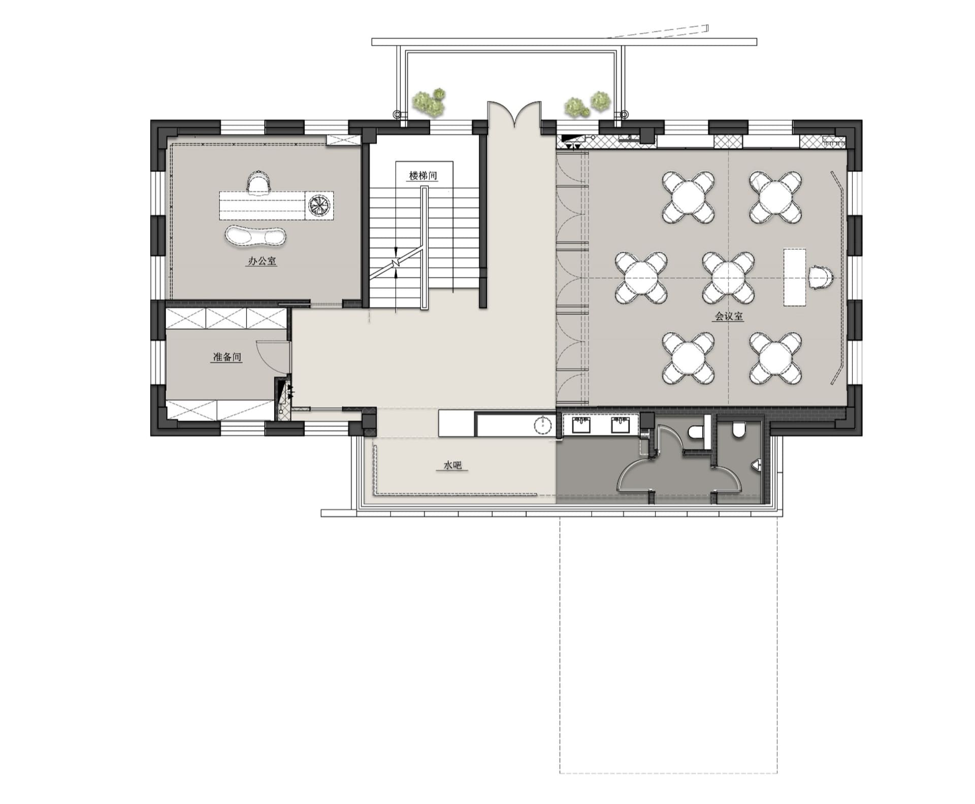 Floor plan of an office space showing an office room, preparation room, staircase, meeting room, and kitchenette.