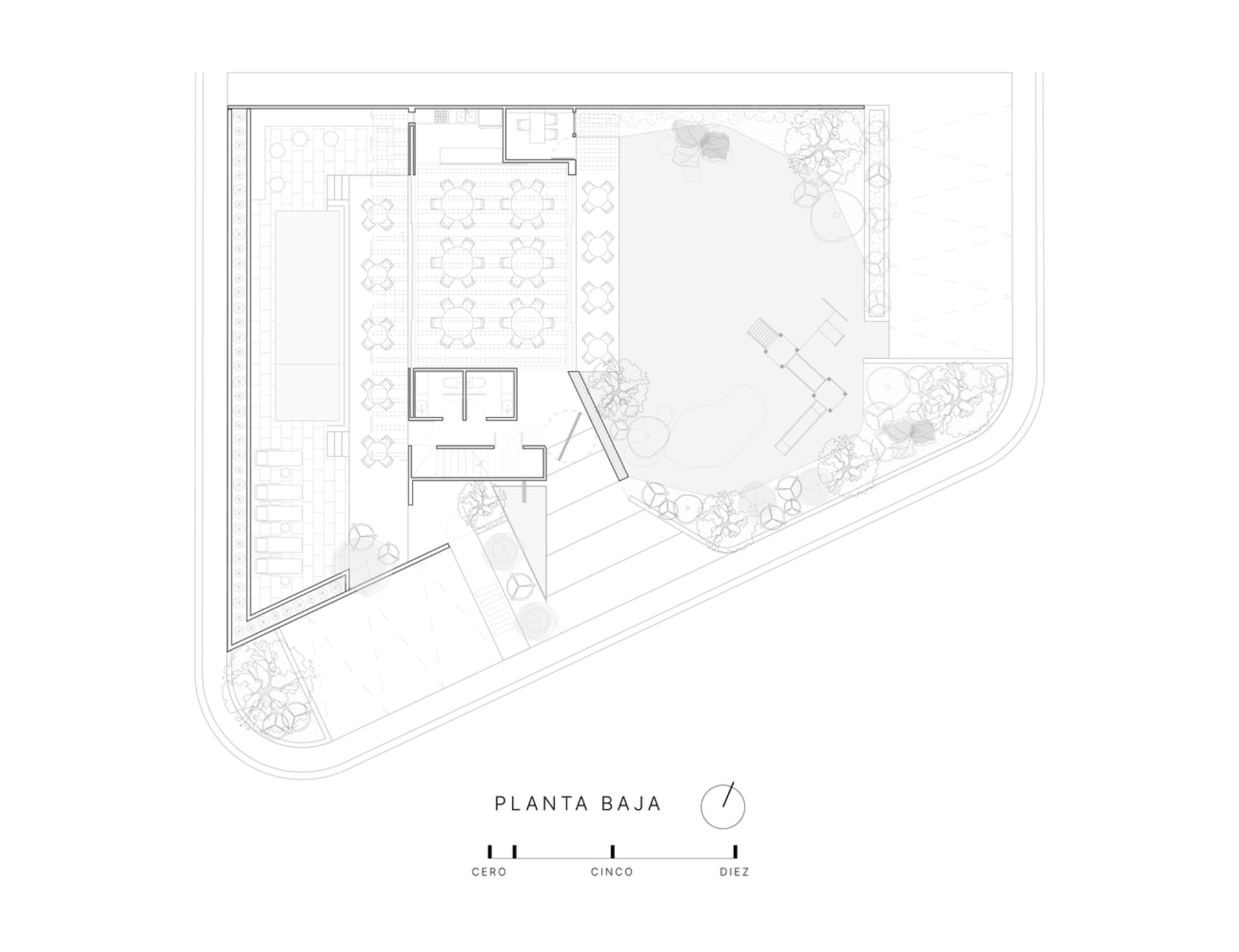 A detailed floor plan of an outdoor seating area with concrete paving and seating arrangements.