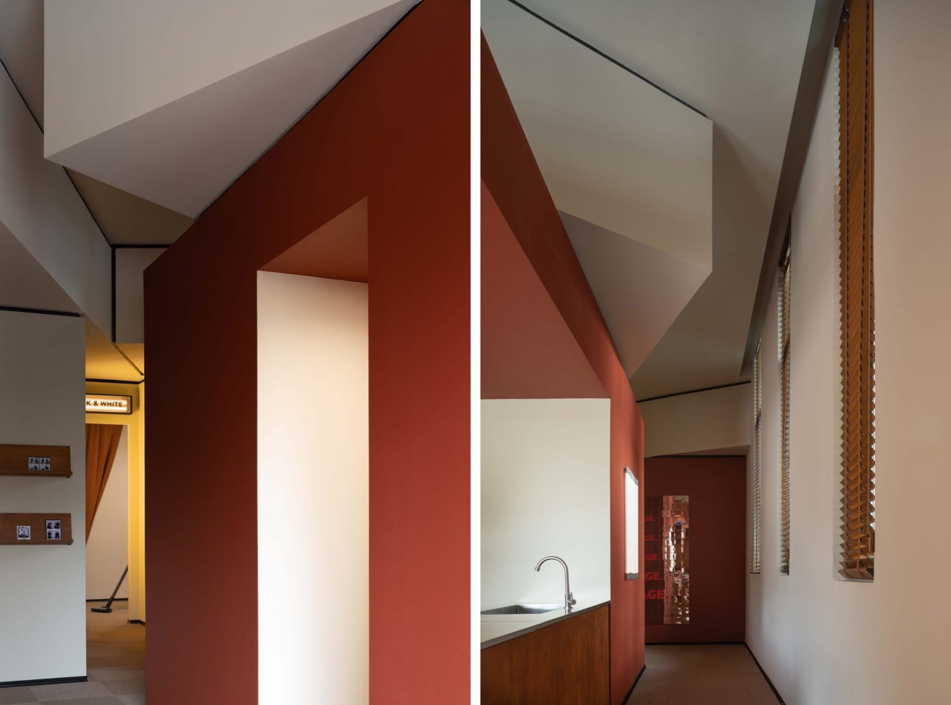 An image showcasing the modern design of a residential hallway with red brick walls and a contrasting white ceiling.