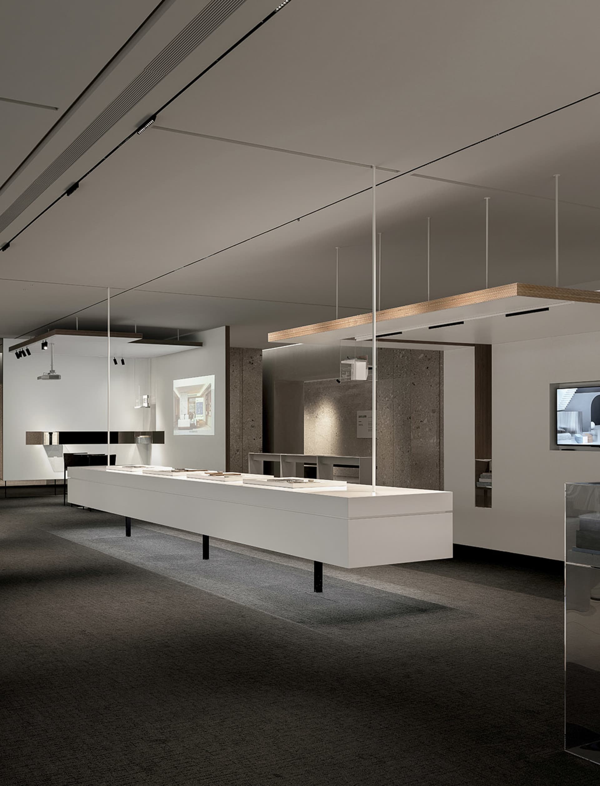 Modern minimalist white interior design featuring sleek, clean lines and open space.