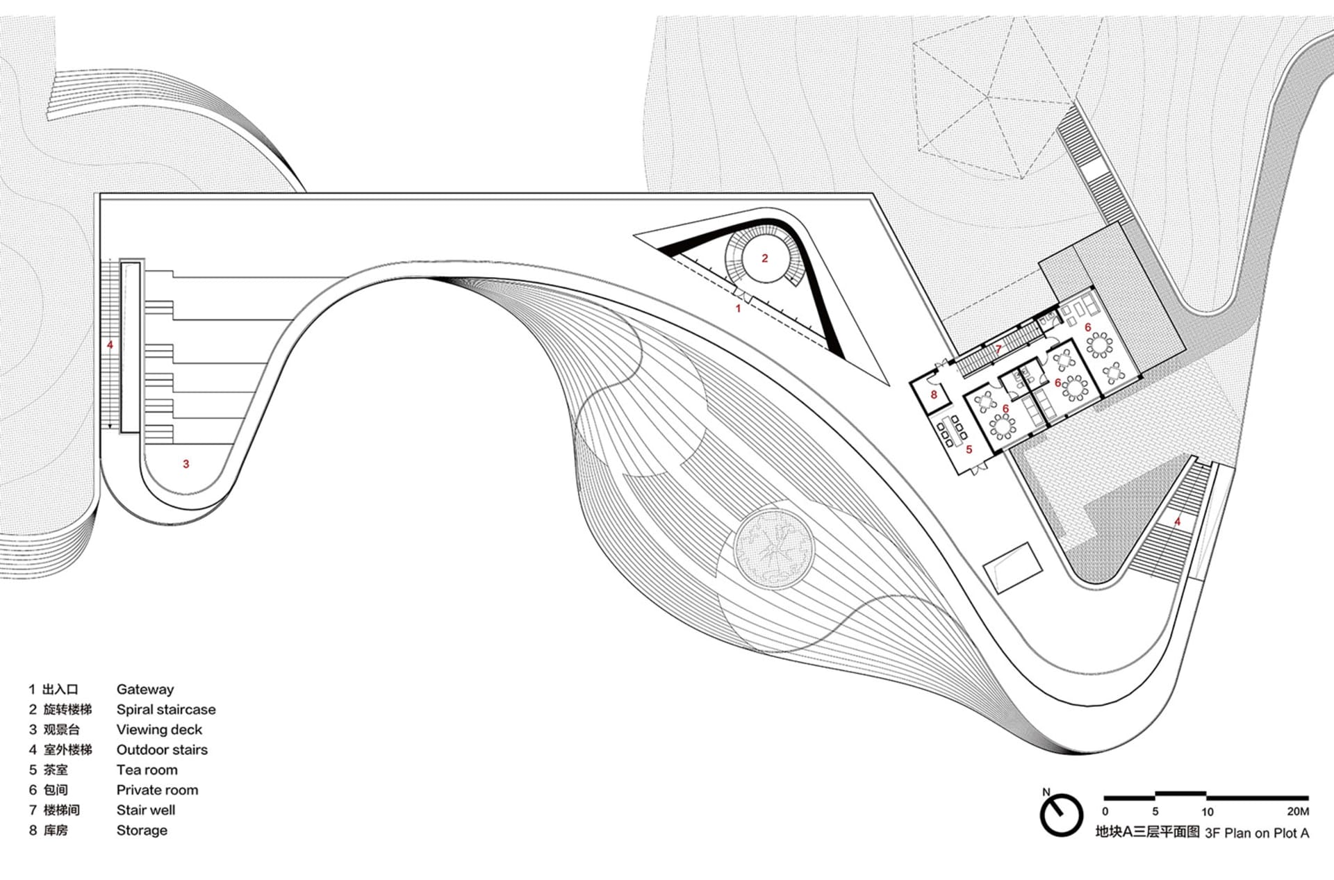 A technical drawing of a modern staircase architecture plan, showing components like gateway, viewing deck, tea room, and sto