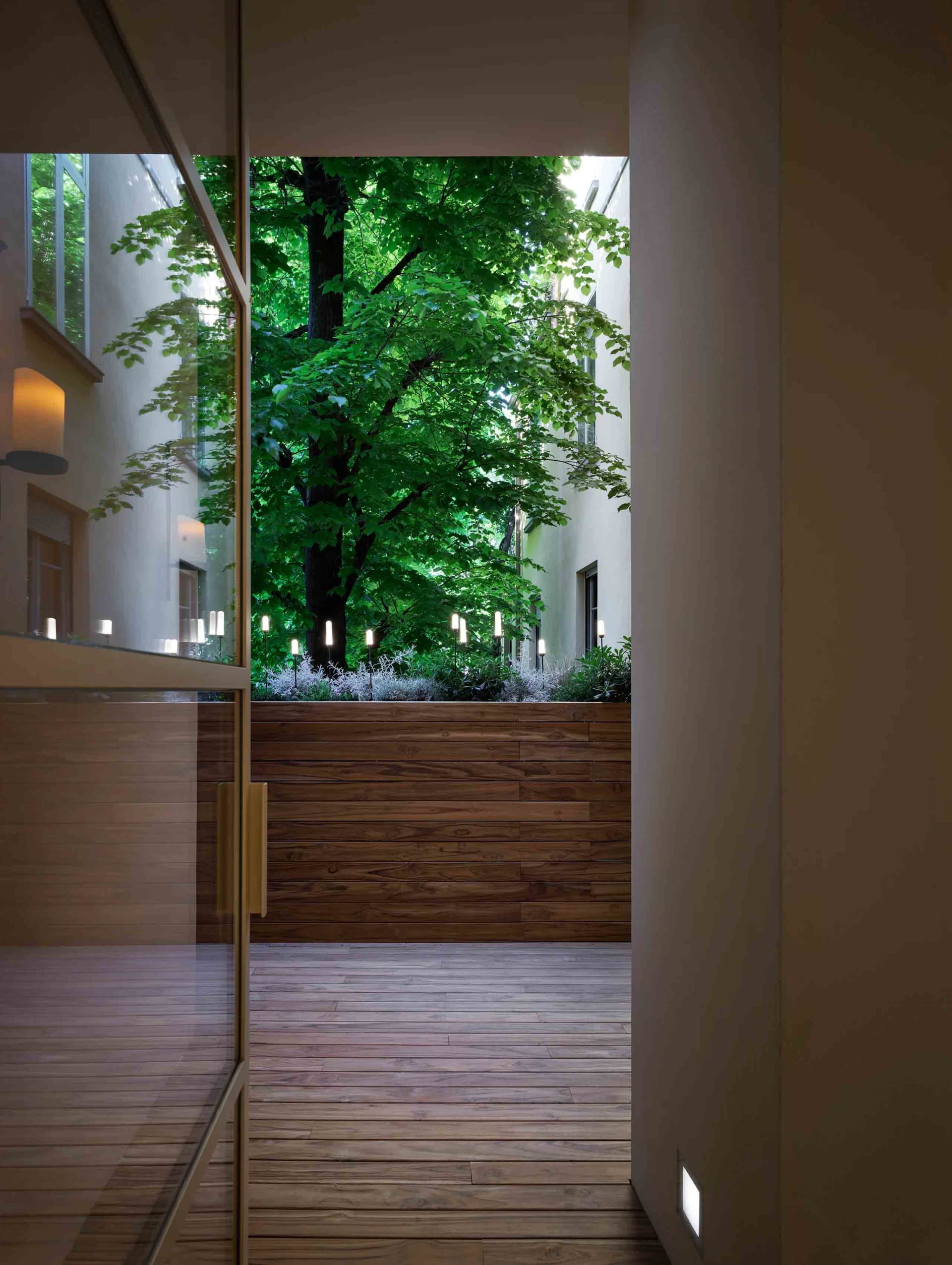 A modern minimalist patio area featuring wooden flooring and greenery.