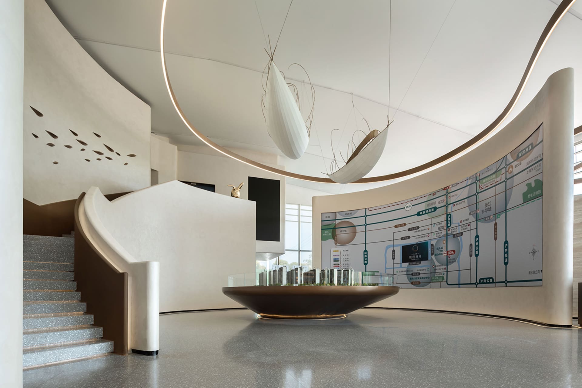 A modern spa interior with concrete and glass materials.