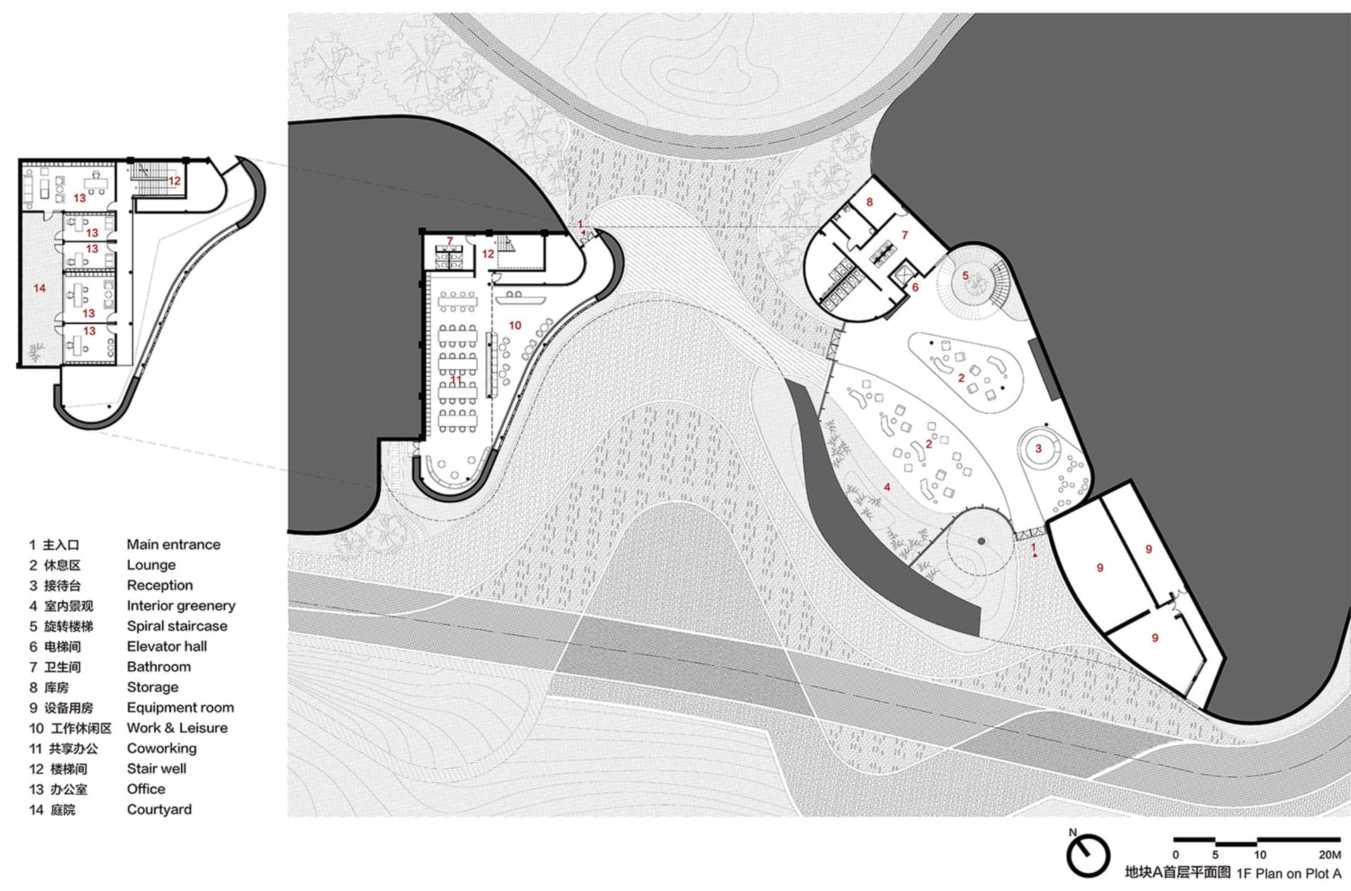 2D architectural drawing of an office layout with labeled rooms and spaces.