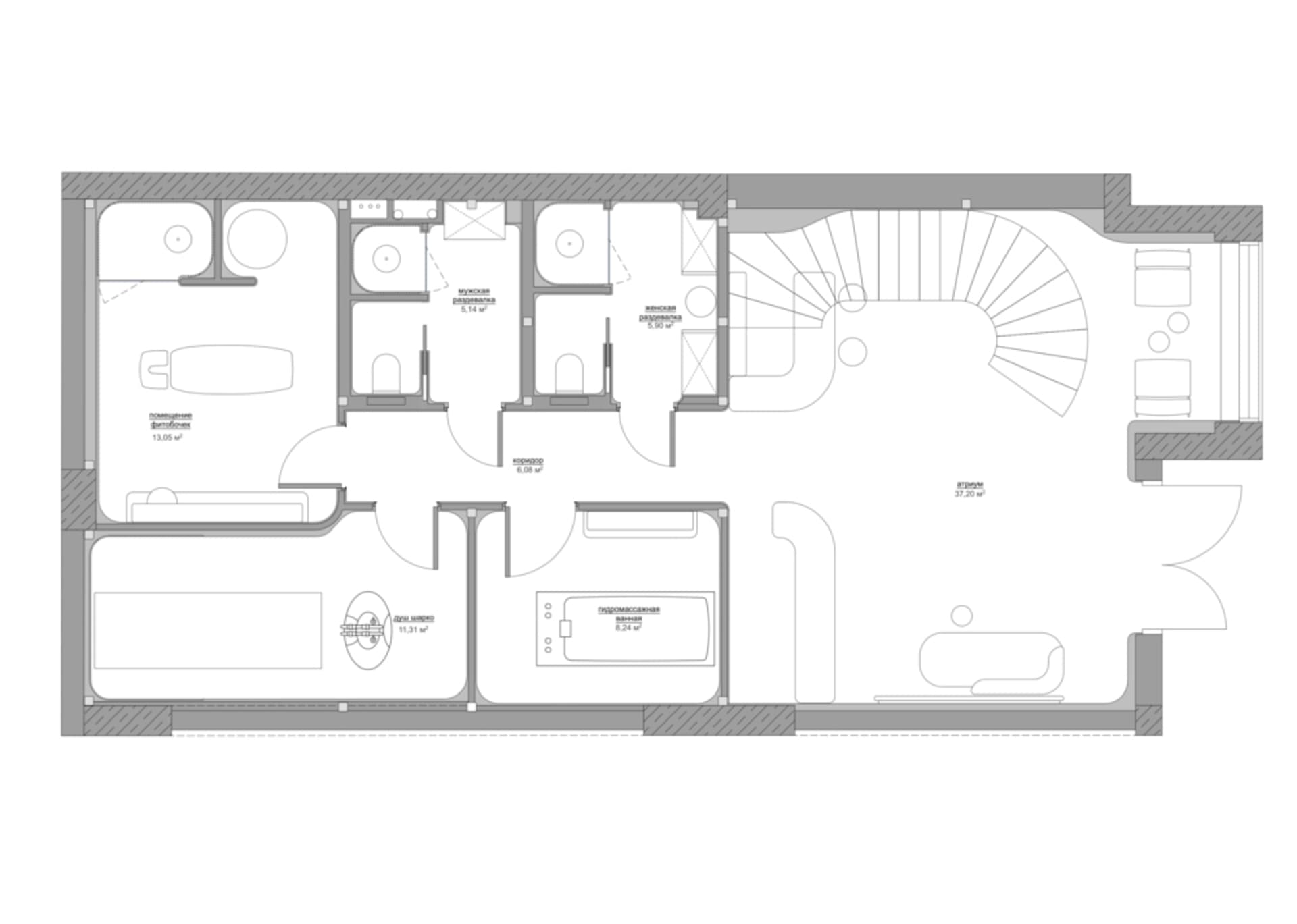 Minimalist residential layout featuring a living room, bedroom, and bathroom with modern design elements.