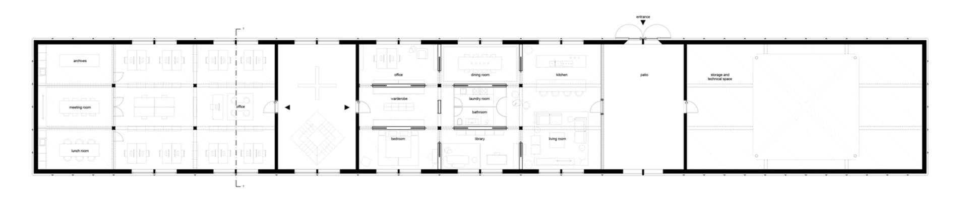 Floor plan layout of a modern office and living space with concrete and glass materials.