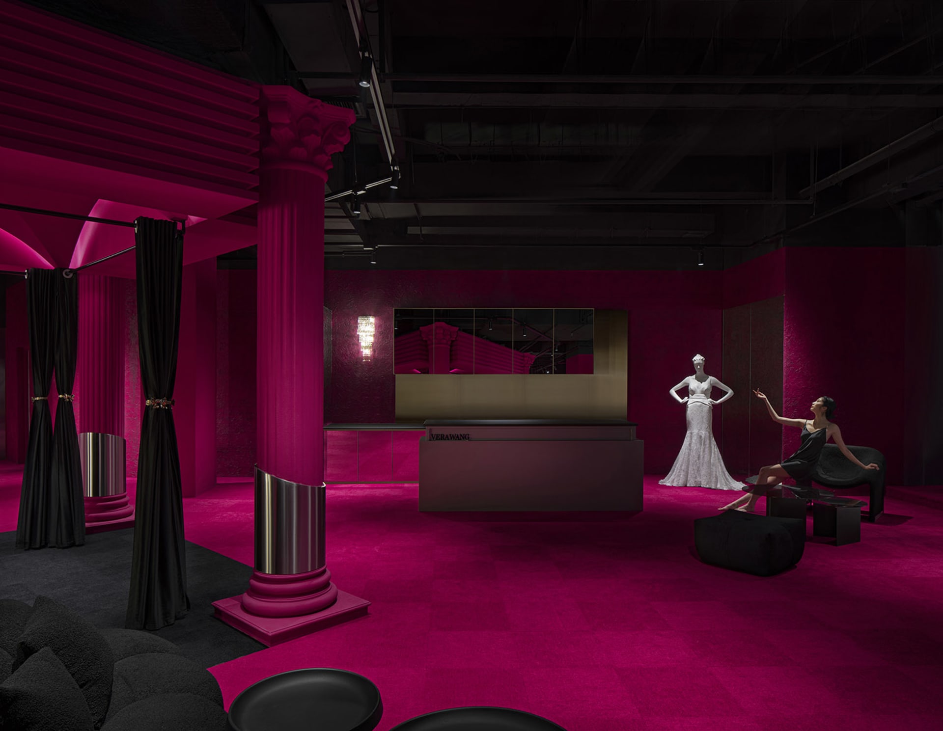 A modern fashion store reception desk with a velvet finish.