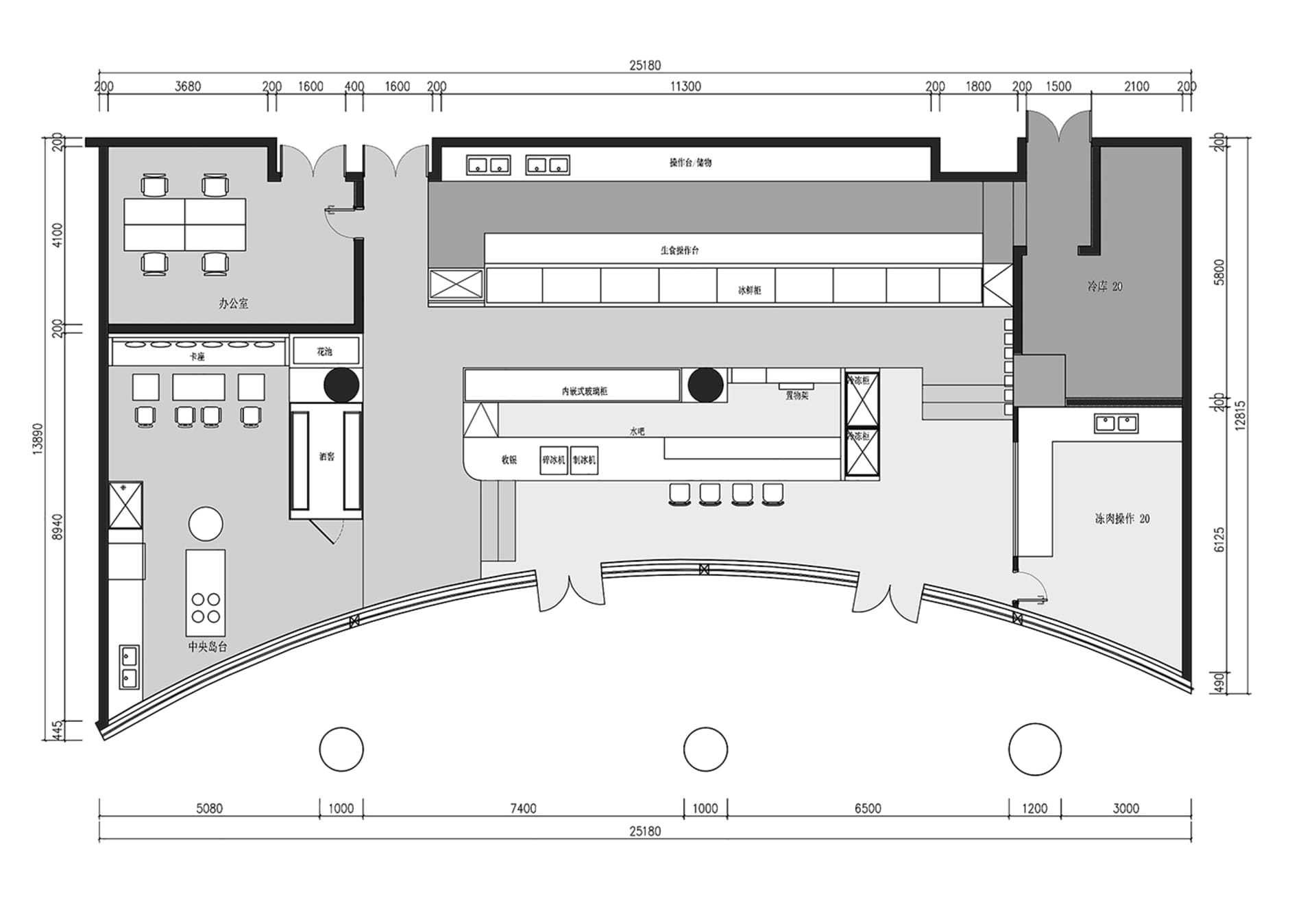 詳細的餐廳廚房平面圖,展示各工作站、儲藏區與作業區域。