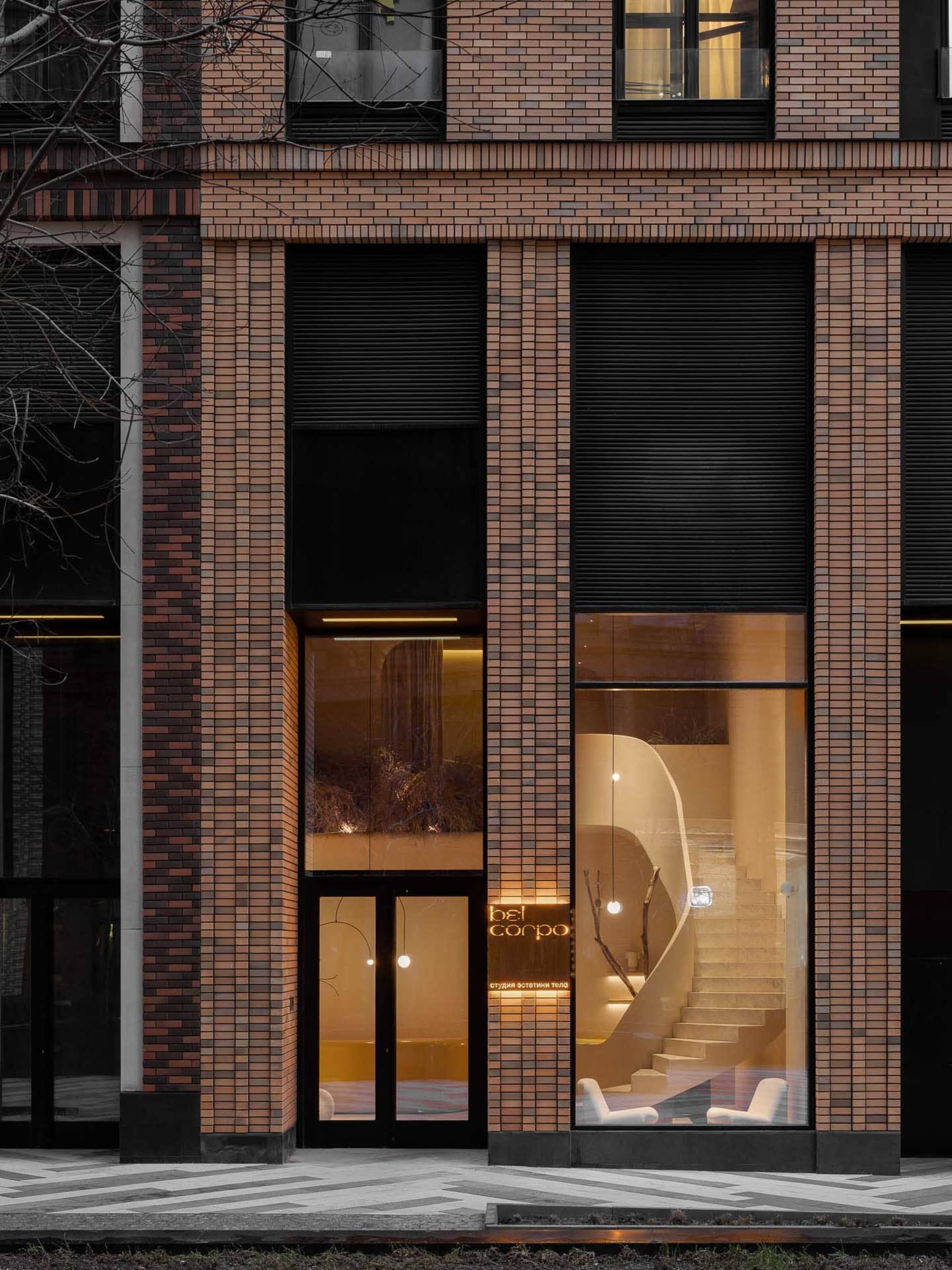 Modern interior design featuring brick exteriors with a minimalist aesthetic.
