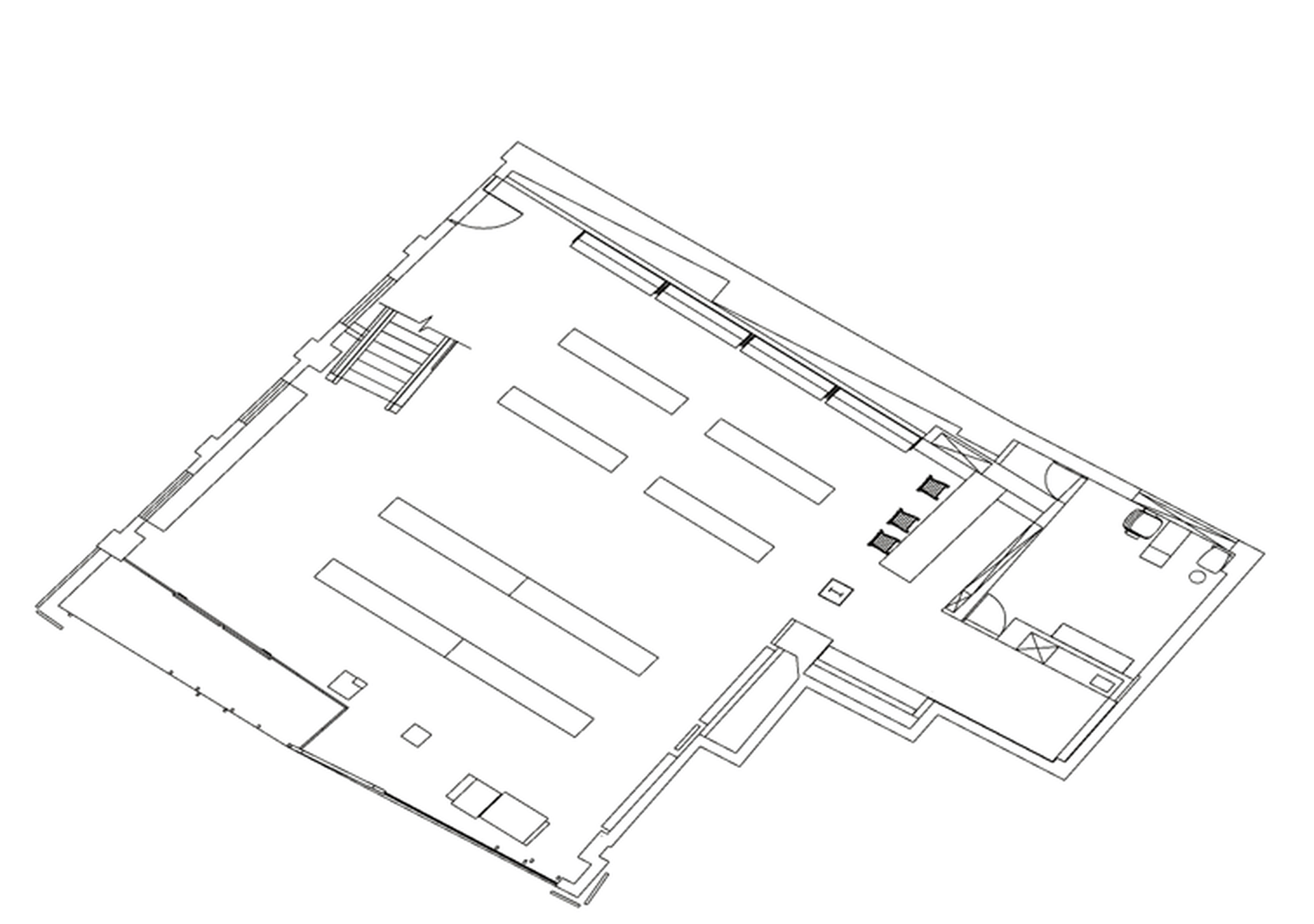A detailed 2D architectural drawing of a modern office layout.
