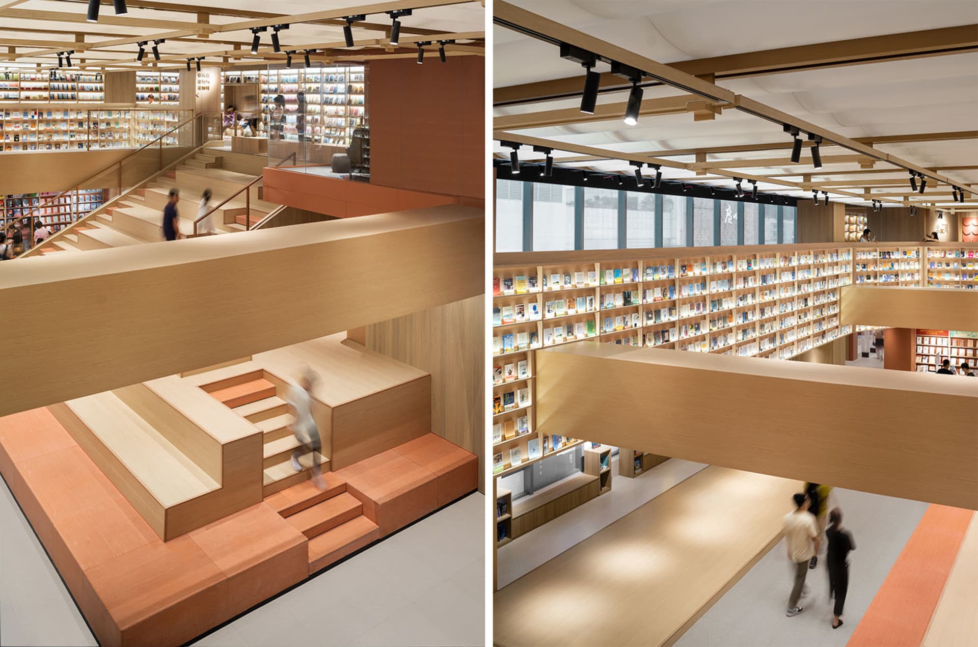 Interior design of a modern industrial library featuring wooden shelves, glass walls, and concrete floors.
