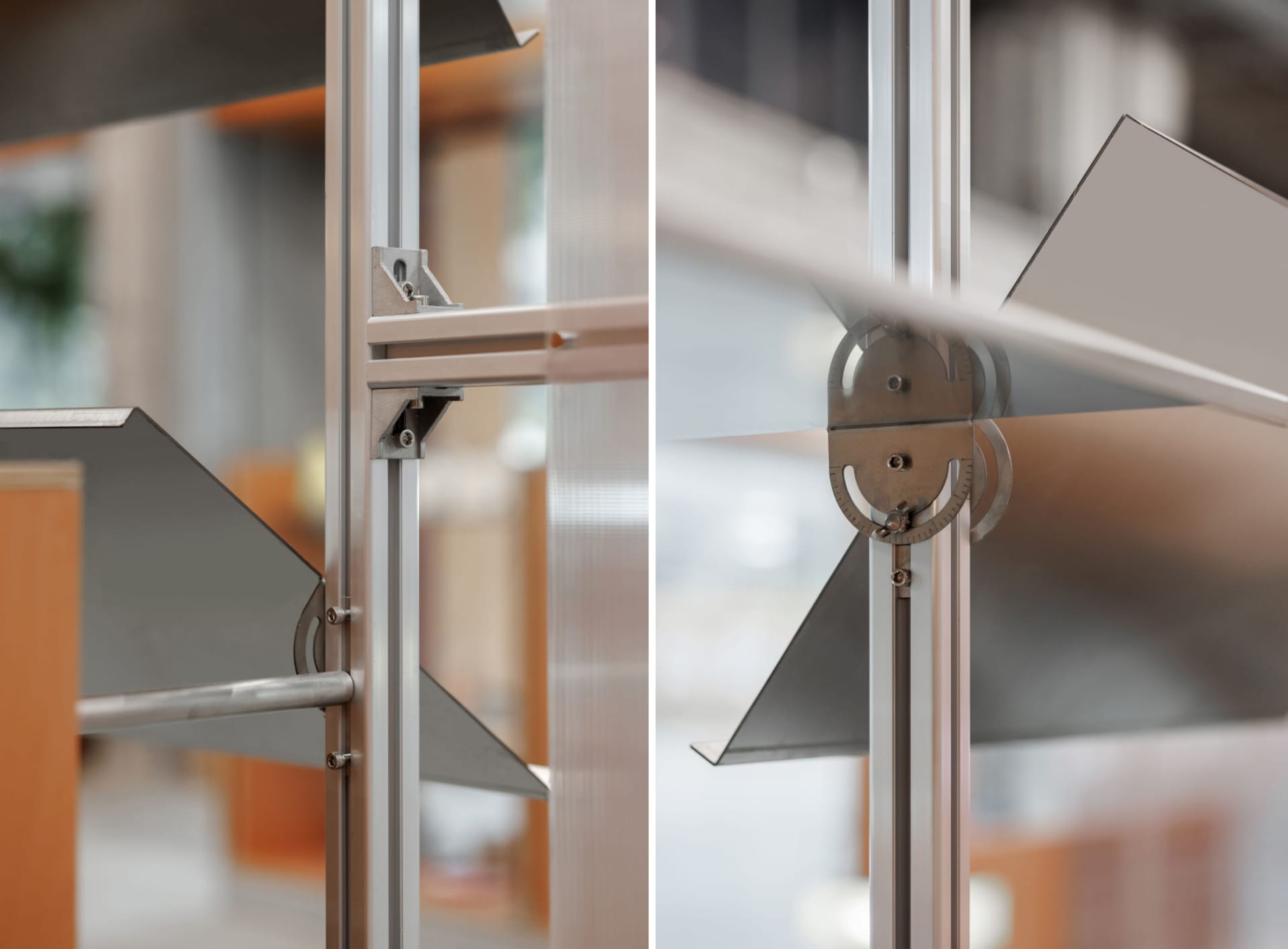 Close-up of metal frame structural support with adjustable component and measuring tool attached.