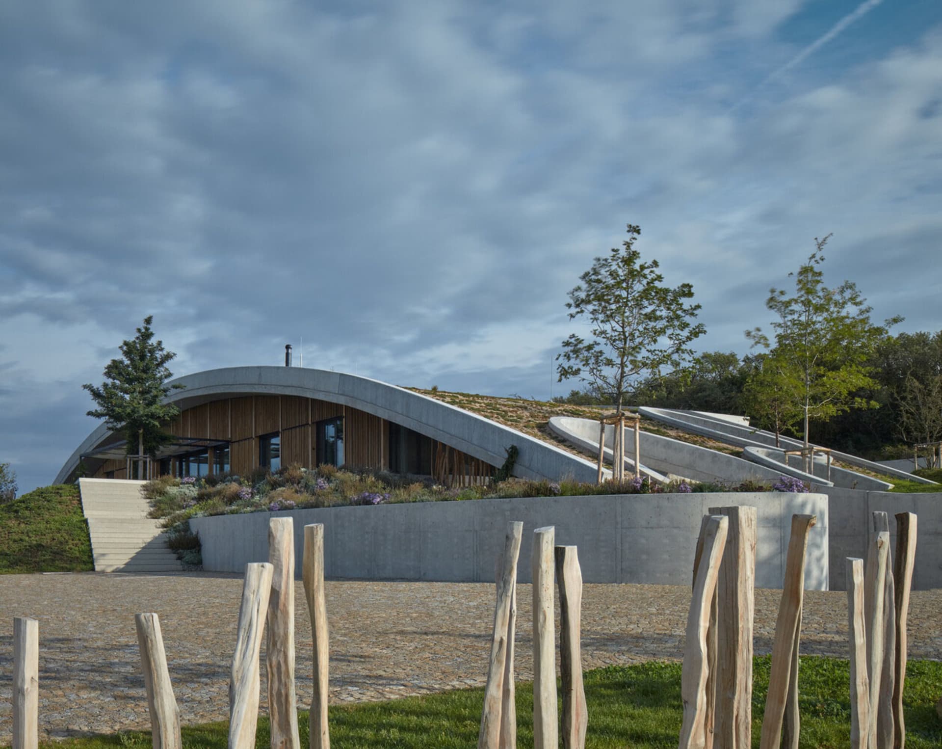 Modern house with curved roof and greenery on the top, featuring wood walls and concrete elements.