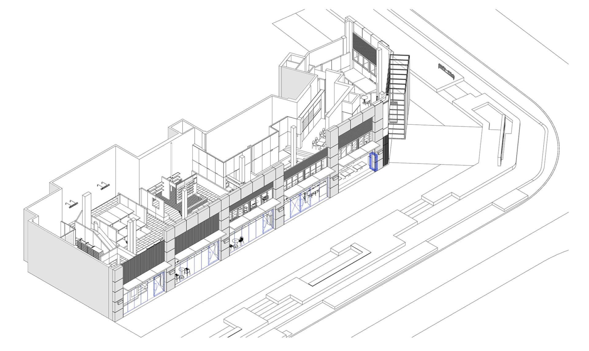 An architectural rendering of a modern building interior showcasing metal, glass, and concrete materials.