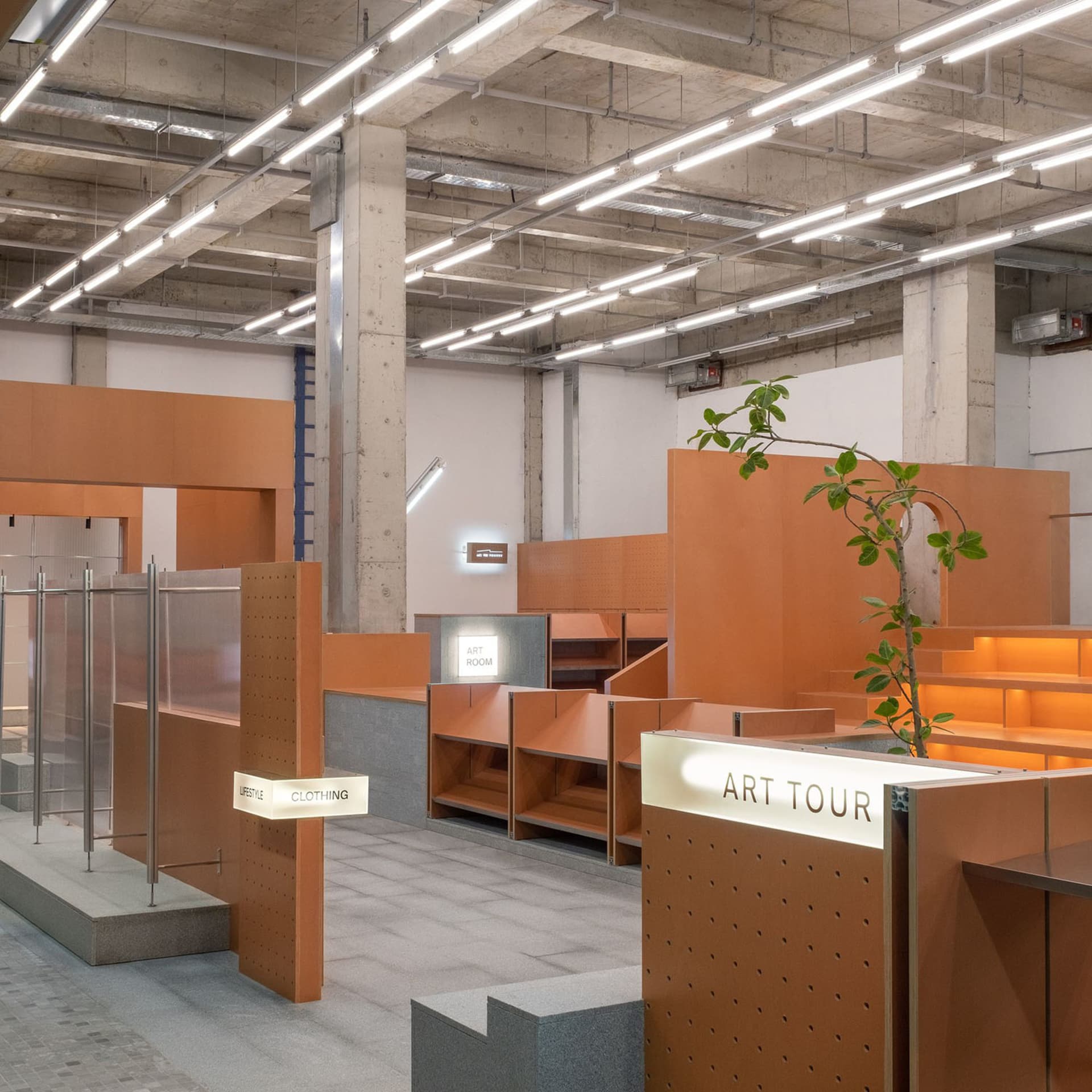 Modern retail space featuring a minimalist design with concrete and orange materials.