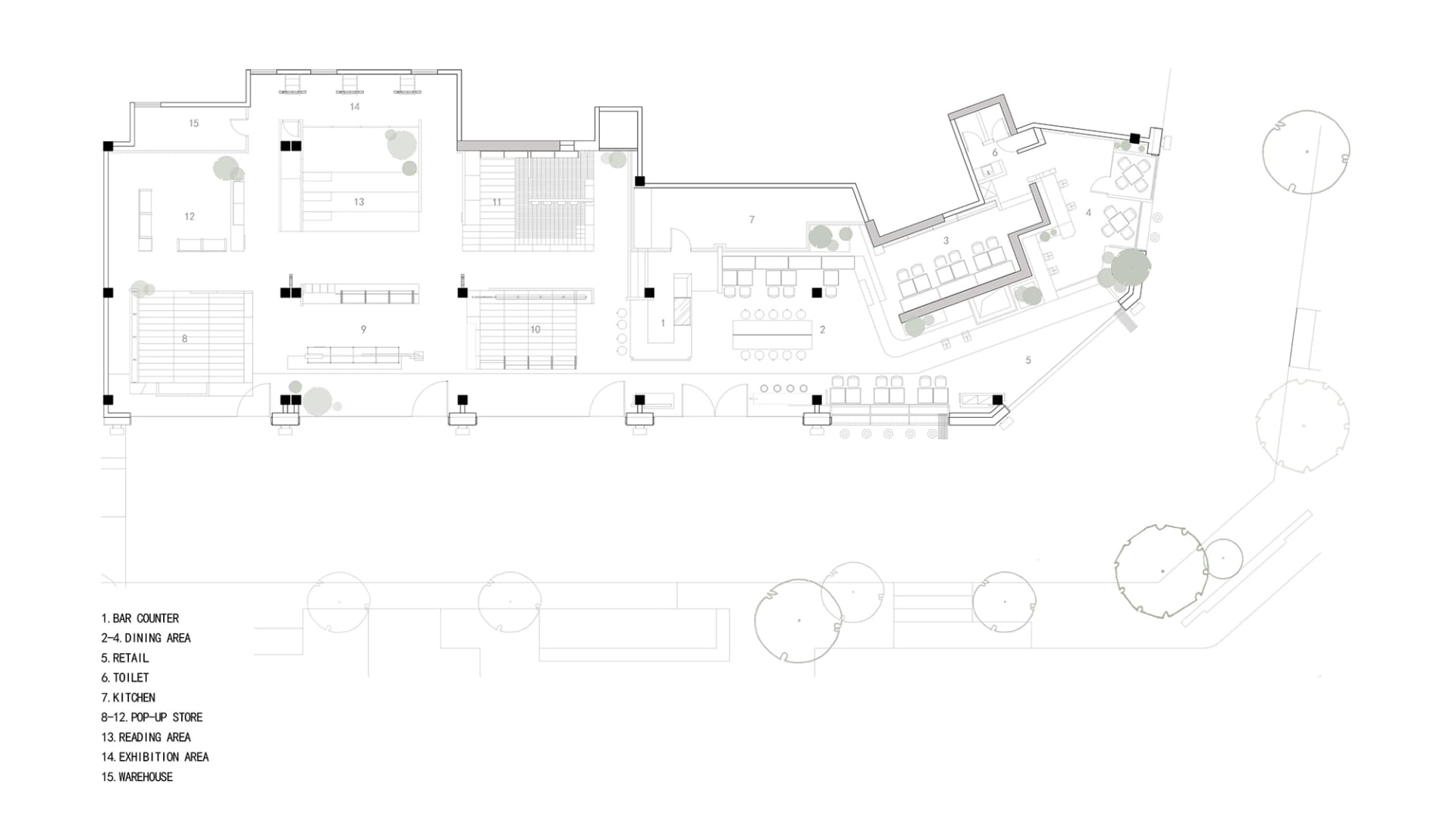 現代極簡混凝土閱讀室的詳細建築平面圖,包含家具配置與標示。