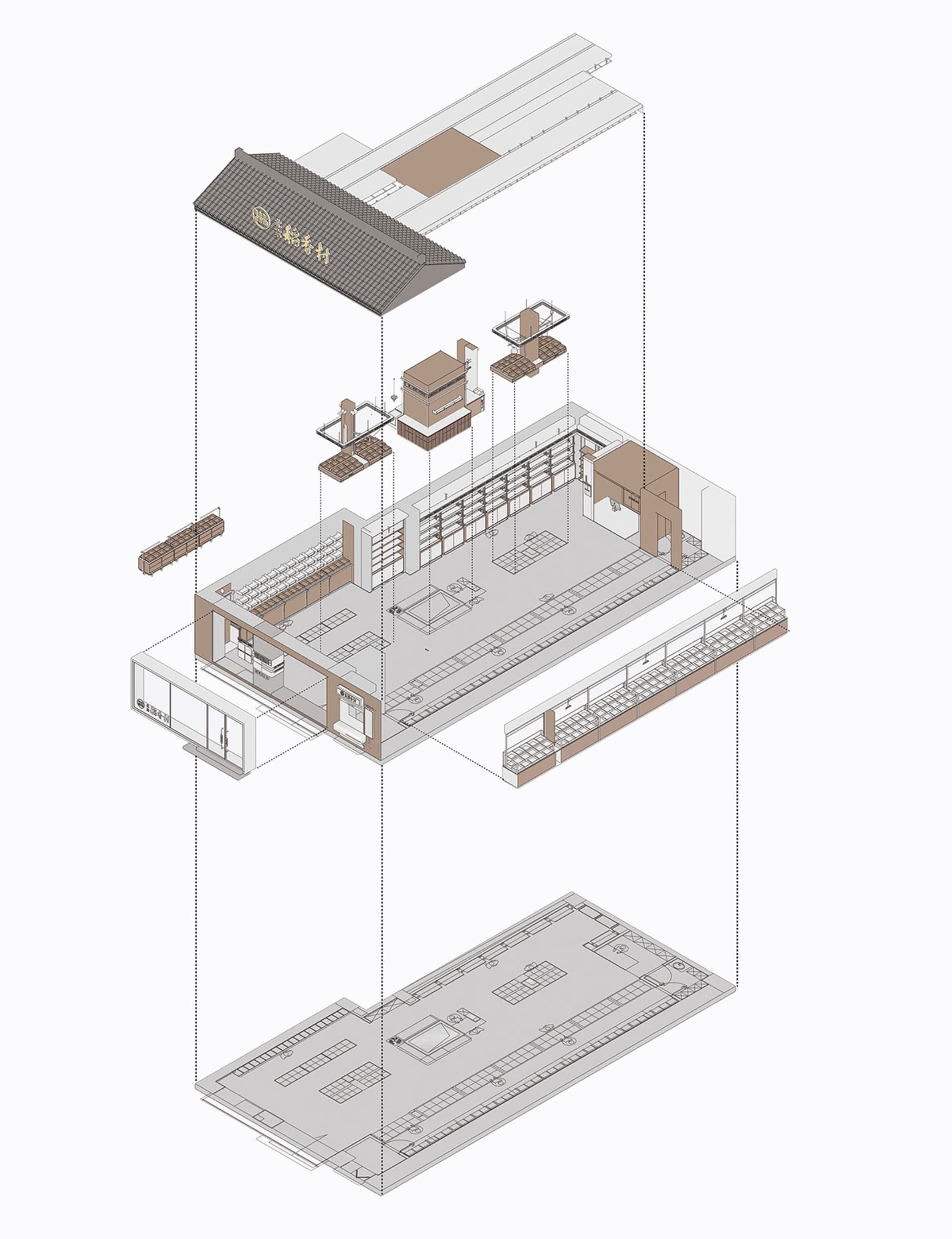 A detailed architectural design of a traditional Japanese tea shop, showcasing its interior layout, materials, and functional