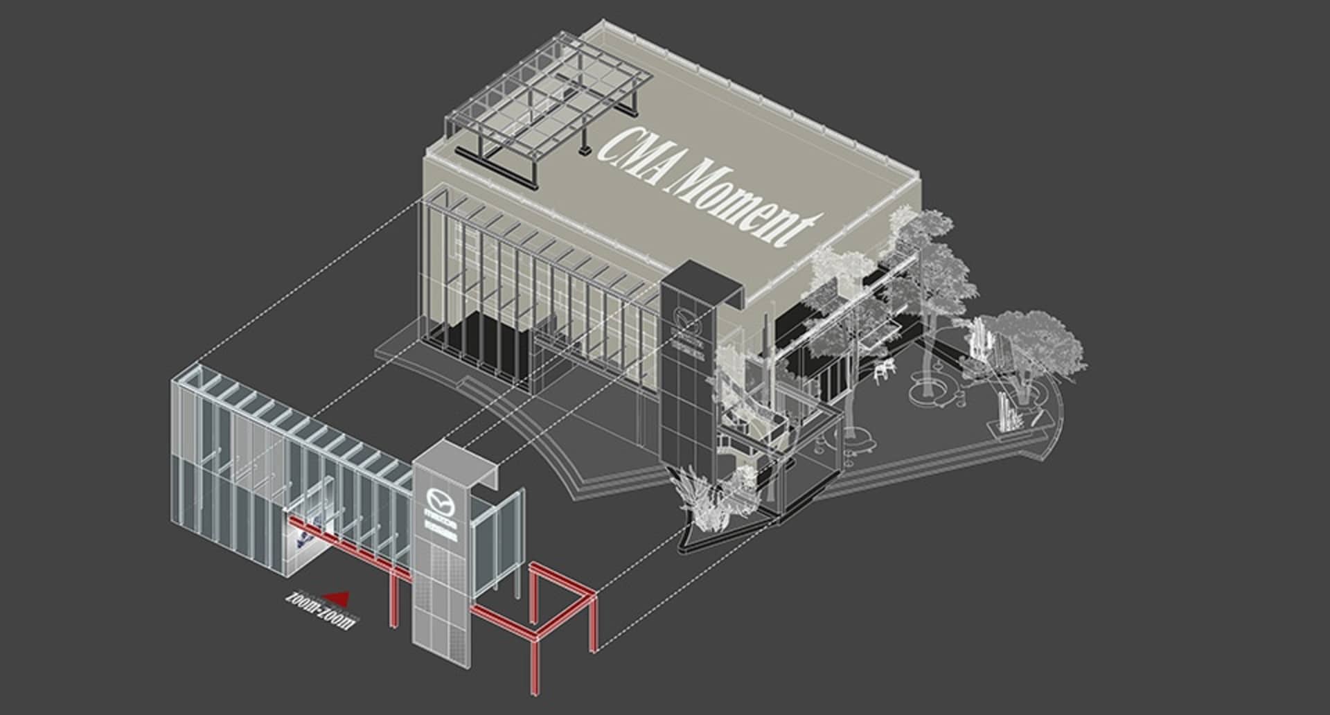 一張等角建築圖,描繪一座現代玻璃與金屬建築,展示著「CMA Moment」字樣。