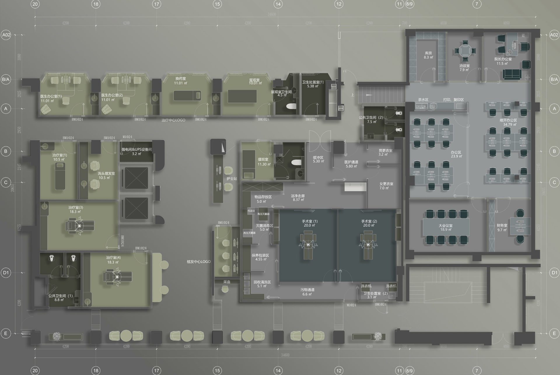 醫院病患空間的2D技術建築圖，展示各個房間與功能區域。